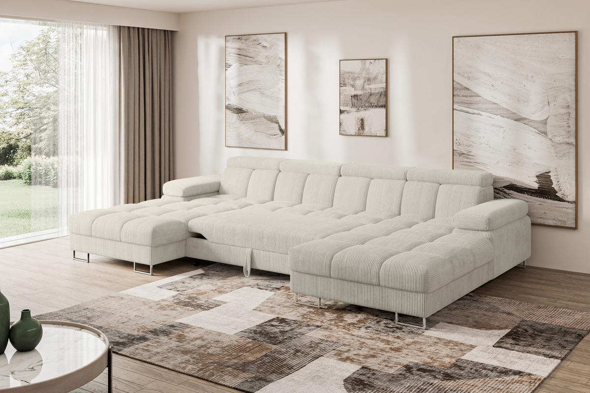 WOHNLANDSCHAFT mit Schlaffunktion und Bettkasten COMA U2 345x203x79 Creme Cord - Mokka, Holzwerkstoff/Textil (345/79/203cm) - ALTDECOR