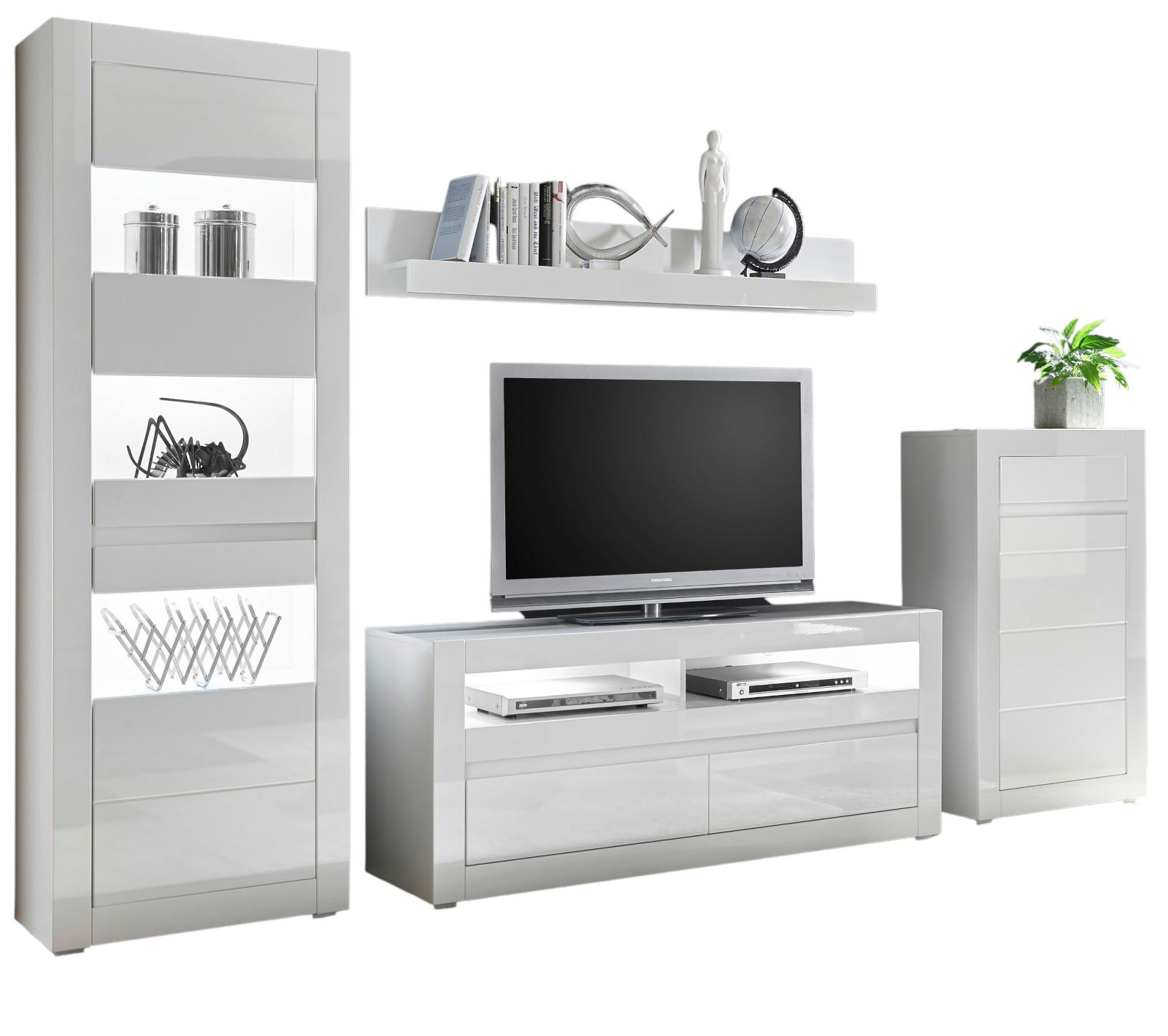 WOHNWAND 4-teilig Hochglanz weiß 302 cm, Anbauwand mit Soft-Close - Weiß Hochglanz/Weiß, Glas/Holz (302/198/42cm) - Furn.Design