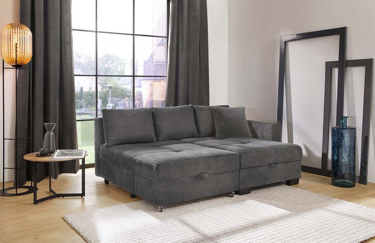 ECKSOFA Doppelbett mit Bettkasten, seitenverkehrt montierbar B247/T155/H87 cm, Liegefläche 183x207 cm, Cord Dunkelgrau / 15214 - Dunkelgrau/Schwarz, Kunststoff/Textil (247/155cm) - luma-home