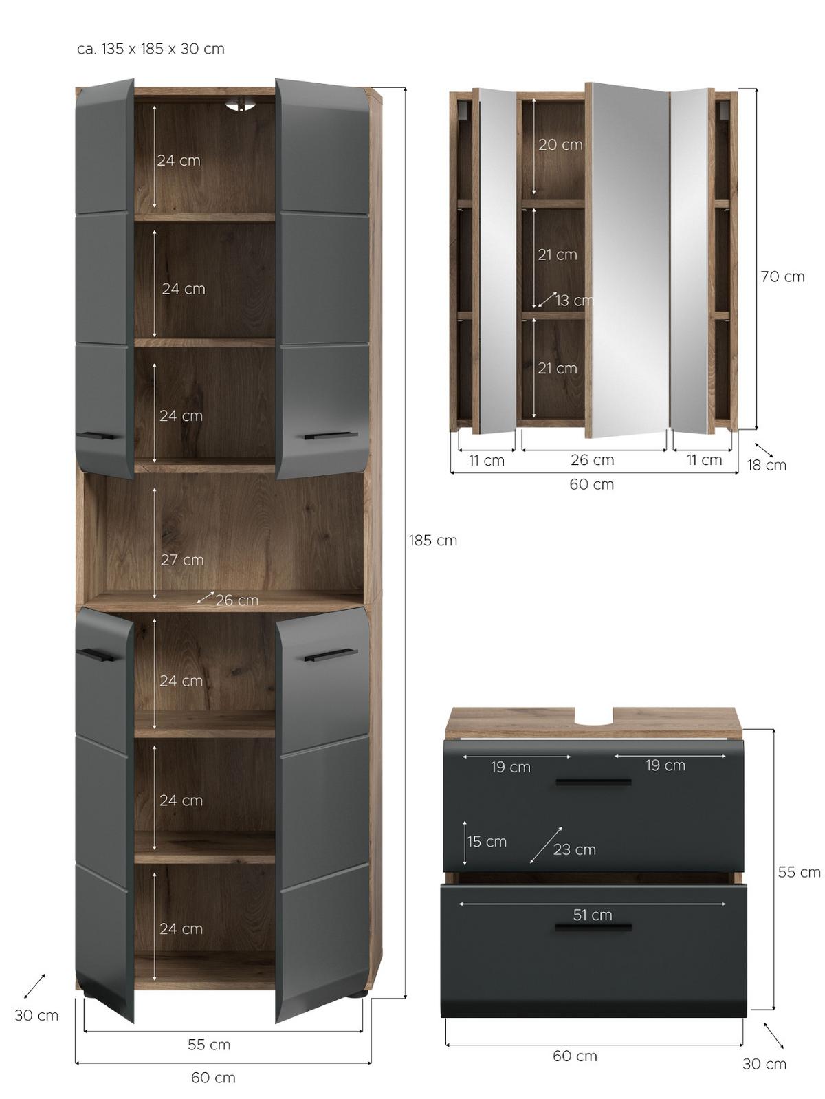 BADMÖBEL-SET 3-teilig schwarz matt, Eiche Nox, Badkombination mit Hochschrank 135 cm - Eichefarben/Schwarz, Glas/Holzwerkstoff (135/185/30cm) - Inn.Furn