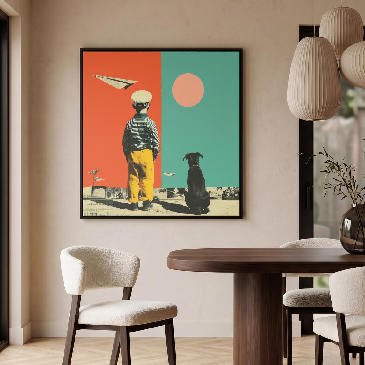 LEINWAND Bilder mit Rahmen - Retro - Junge - Hund - Rot - Grün - 90x90 - Orange, Textil (90/90cm) - MuchoWow