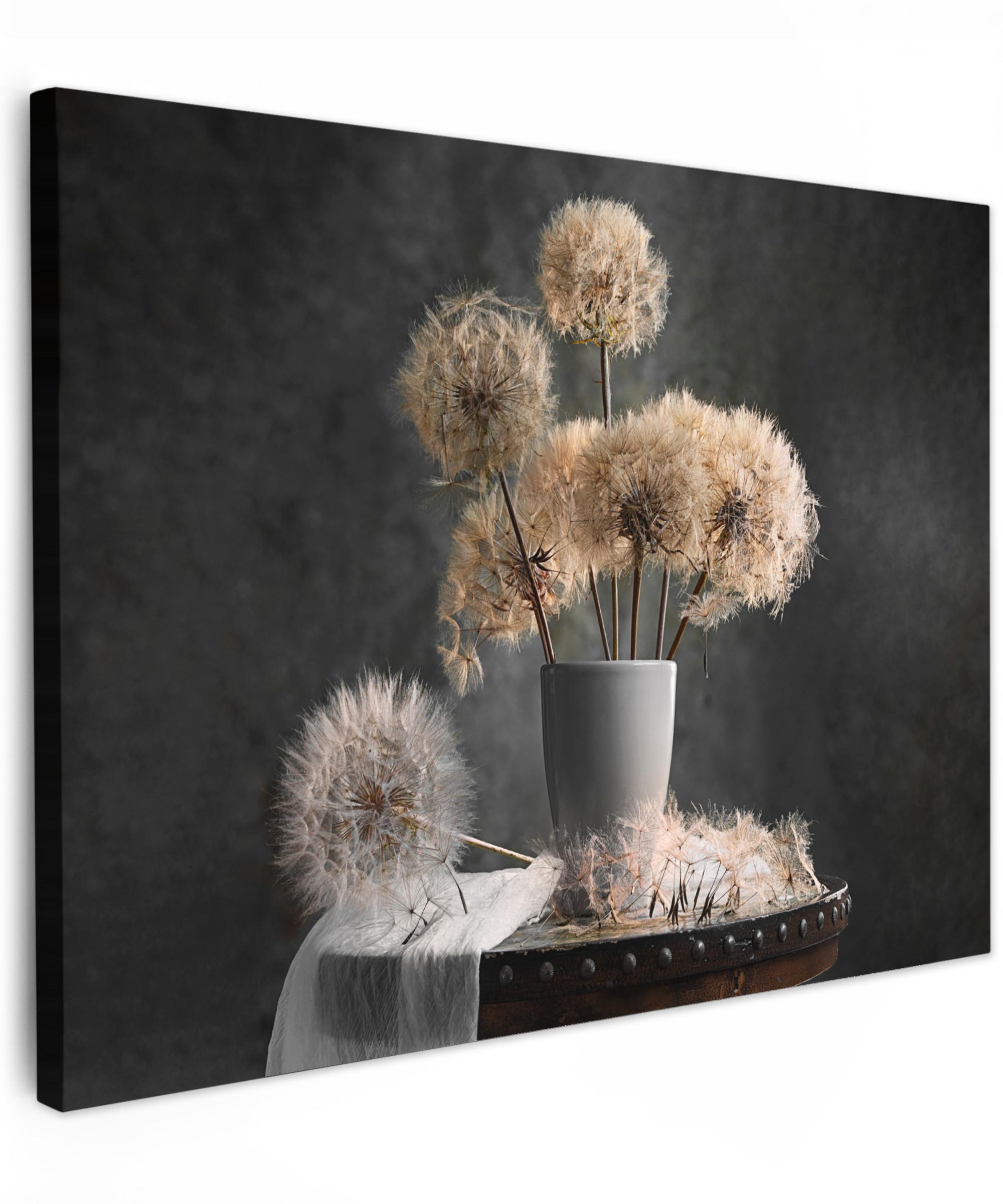 LEINWANDBILD Blumensamen - Löwenzahn - Vase - Stilleben - Blumenstrauß Wandbilder 80x60 cm - Dunkelgrau, Textil (80/60cm) - MuchoWow