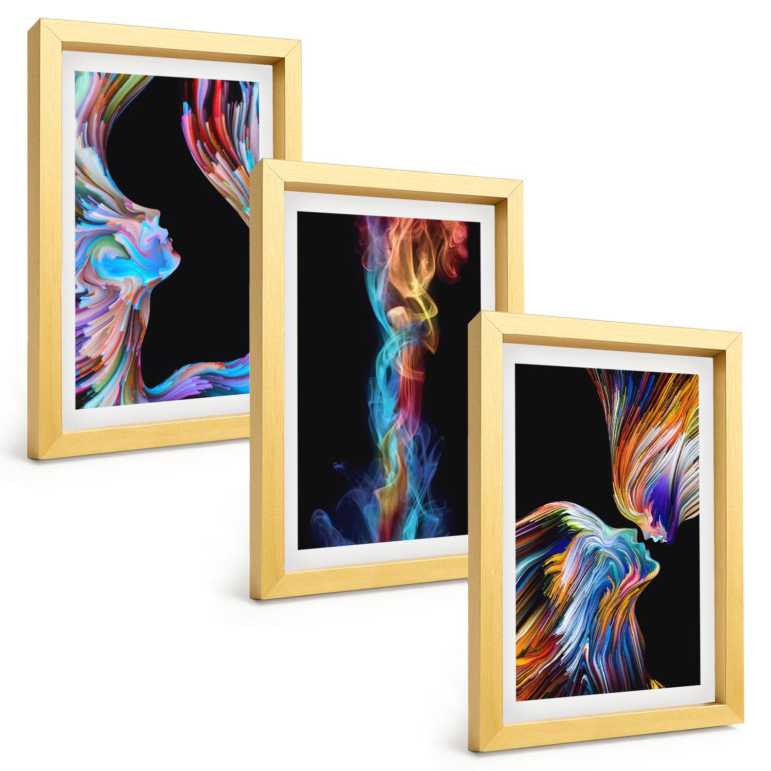 BILDER SET 3er Set - 20x30 cm Goldrahmen - Bunte abstrakte Gesichter - Goldfarben, Kunststoff (20/30cm) - TULUP