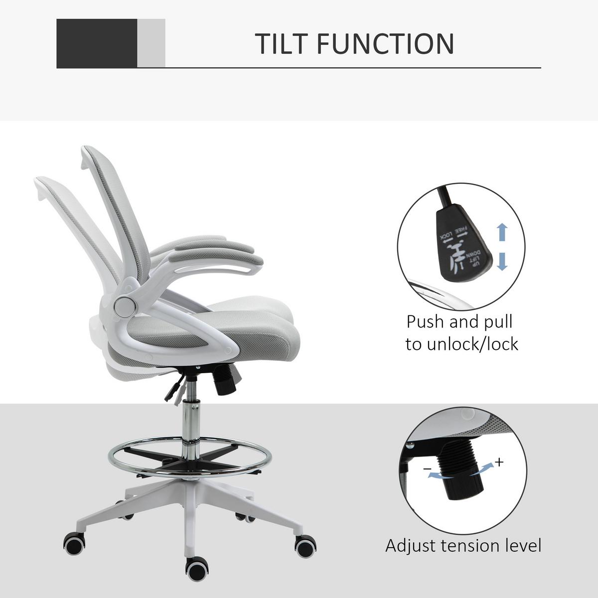 BÜROSTUHL Ergonomischer Schreibtischstuhl mit Hochklappbaren Armlehnen Netz - Hellgrau, Kunststoff (60/126/64cm) - Vinsetto
