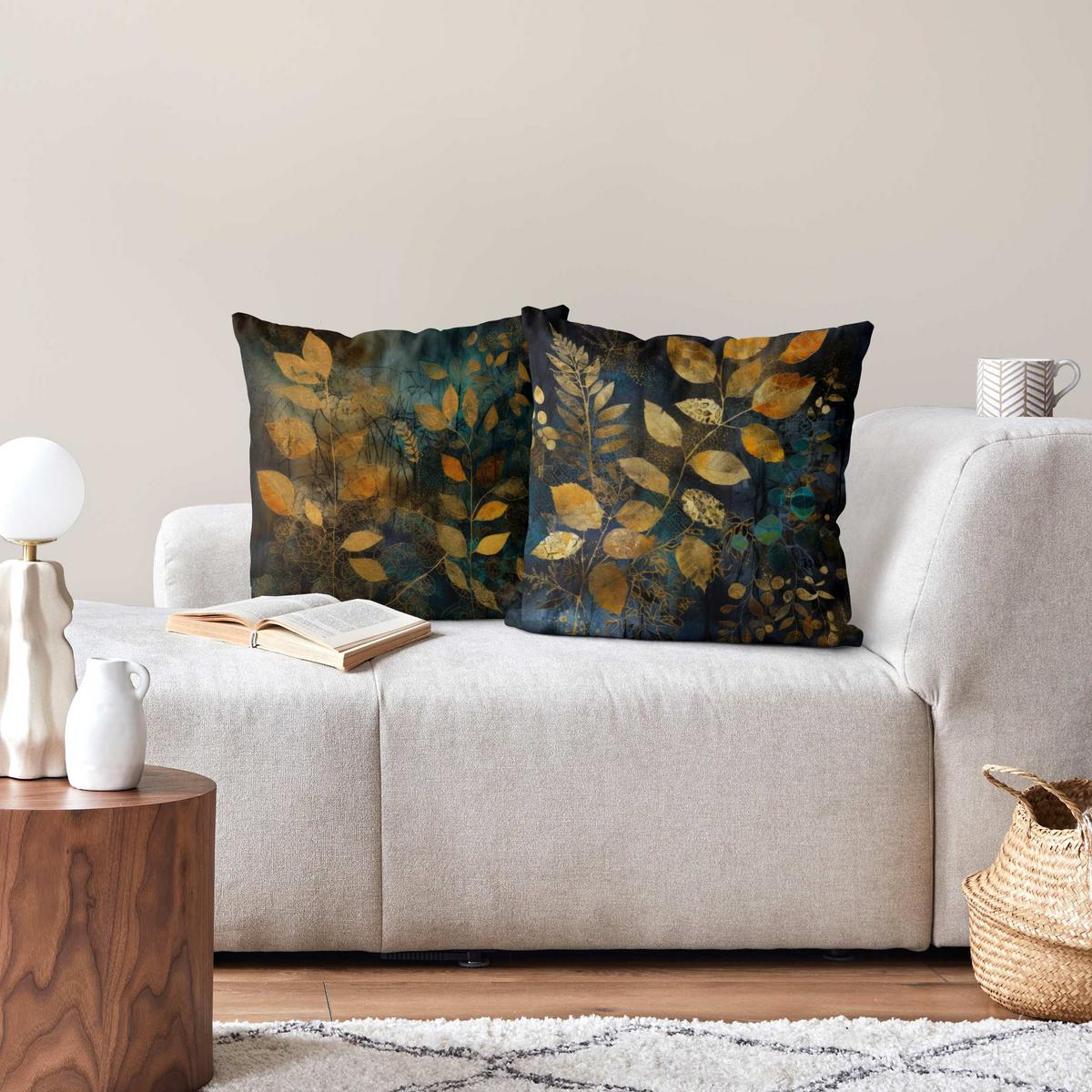 DEKOKISSEN 2er-Set Goldene Blätter auf Blau Duo 50/50 cm - Goldfarben, Textil (50/50cm) - Bilderwelten