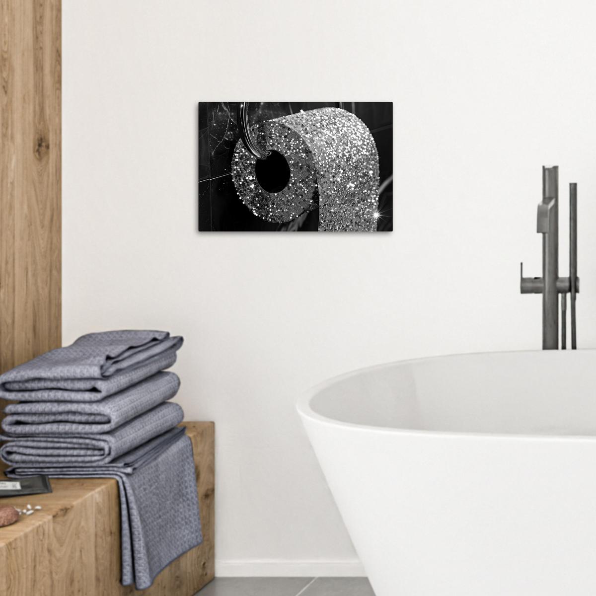LEINWANDBILD WC - Toilettenpapier - Schwarz und weiß - Glitter Deko Schlafzimmer 30x20 cm - Silberfarben, Textil (30/20cm) - MuchoWow