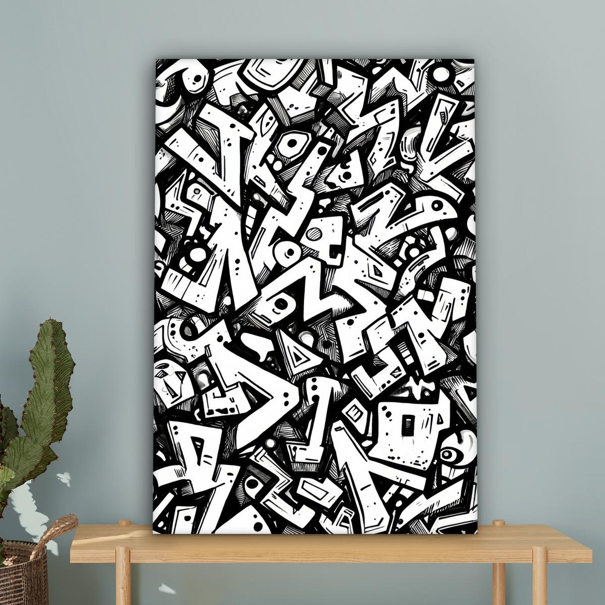 LEINWANDBILD Formen - Buchstaben - Graffiti - Schwarz Wanddeko Schlafzimmer 60x90 cm - Schwarz, Textil (60/90cm) - MuchoWow
