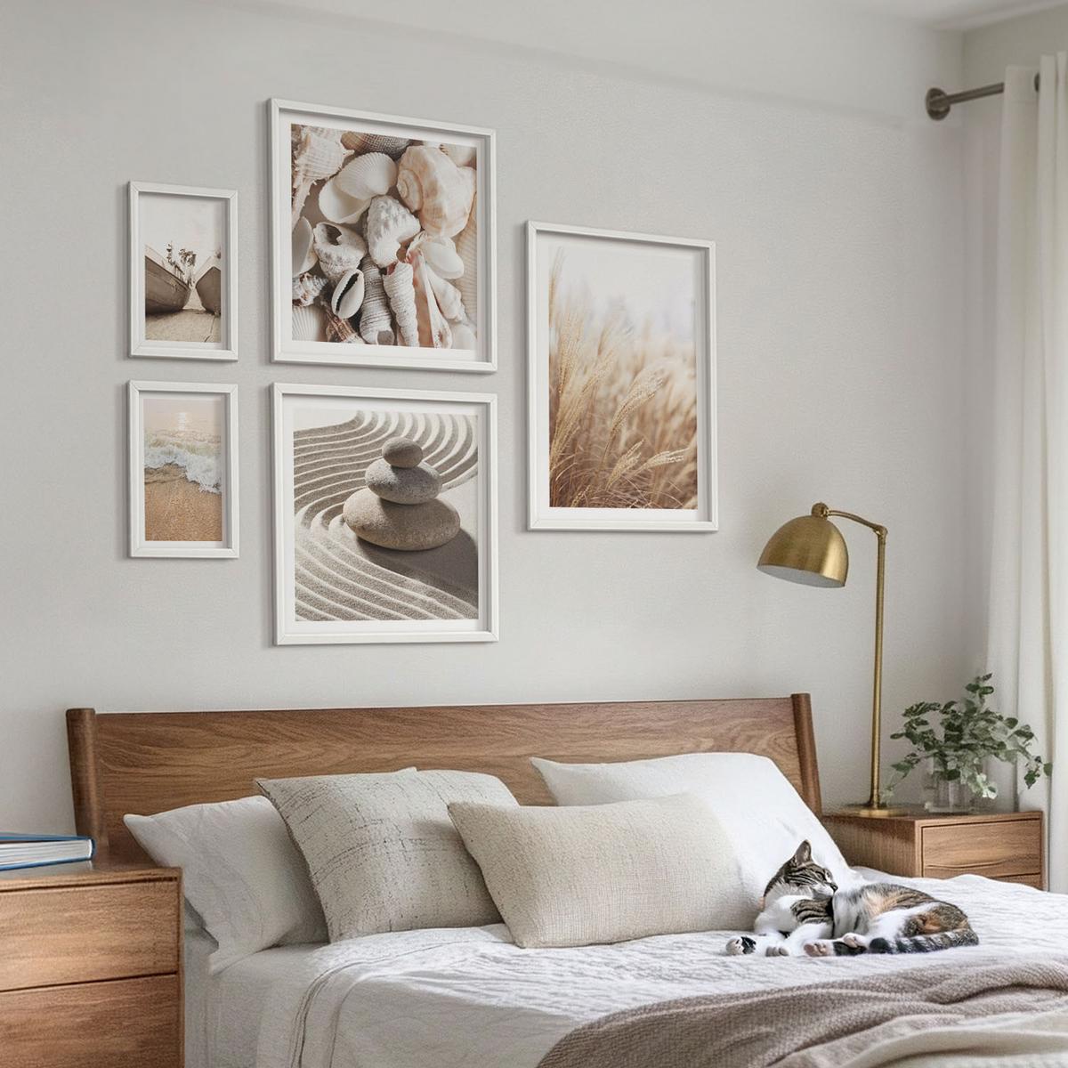 BILDER SET 5er Set - 50x50 cm & 20x30 cm & 40x60 cm Weißer Rahmen - Wolkenmeer, Traumfänger, Gras - Weiß, Kunststoff (40/60cm) - TULUP