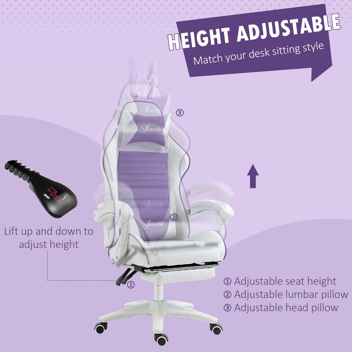 GAMING Stuhl Ergonomischer Gamer Stuhl mit Lendenwirbelstütze, Fußstütze - Violett, Leder (63/142/65cm) - Vinsetto