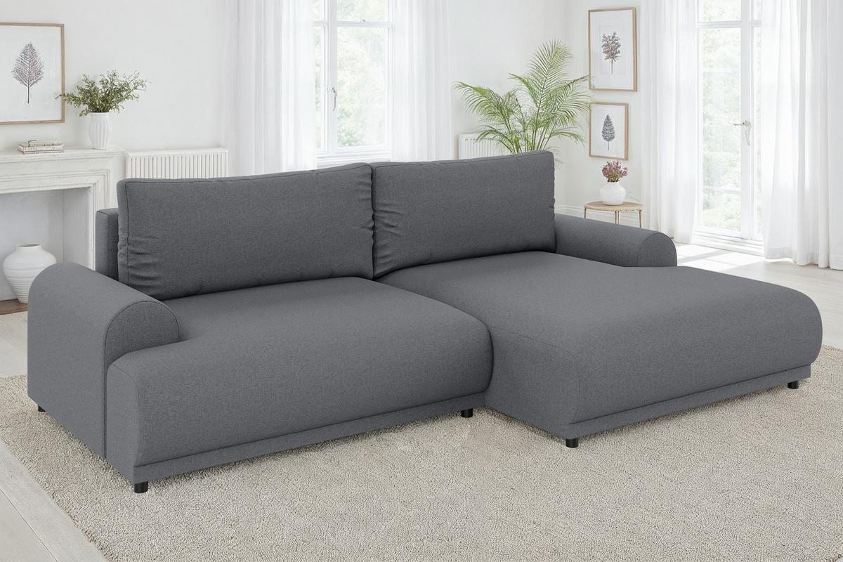 ECKSOFA mit Schlaffunktion, Bettkasten, extrabreite Ottomane rechts, abgerundete Armlehnen, B240/T145/H81 cm, Strukturstoff Dunkelgrau / 21033 - Dunkelgrau/Schwarz, Kunststoff/Textil (240/145cm) - luma-home