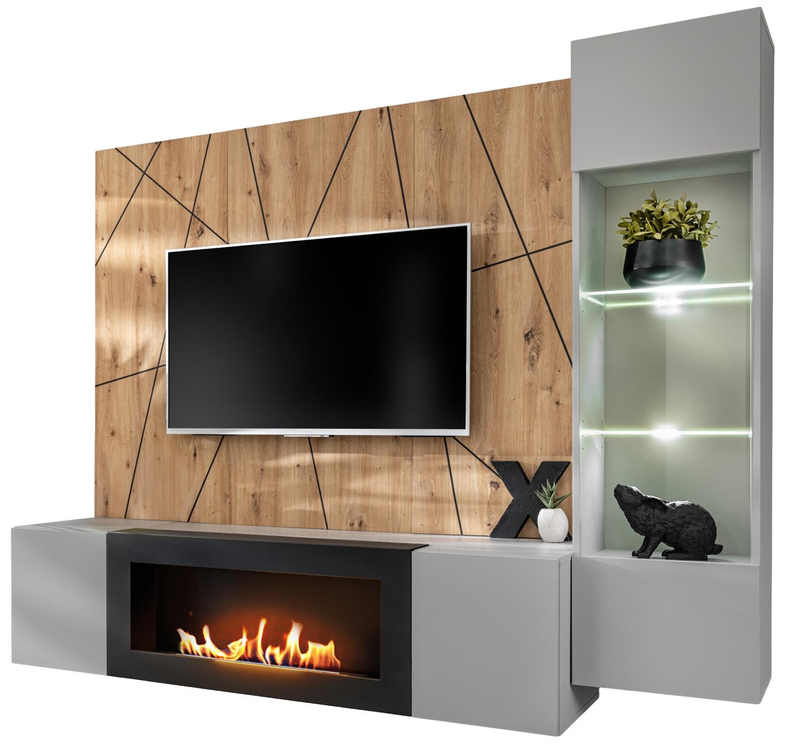 WOHNWAND hellgrau, schwarz, Eiche Artisan, Schrankwand 200 cm inklusive Ethanol Kamin - Hellgrau/Schwarz, Glas/Holzwerkstoff (200/148/35cm) - Inn.Furn