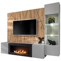 WOHNWAND hellgrau, schwarz, Eiche Artisan, Schrankwand 200 cm inklusive Ethanol Kamin - Hellgrau/Schwarz, Glas/Holzwerkstoff (200/148/35cm) - Inn.Furn