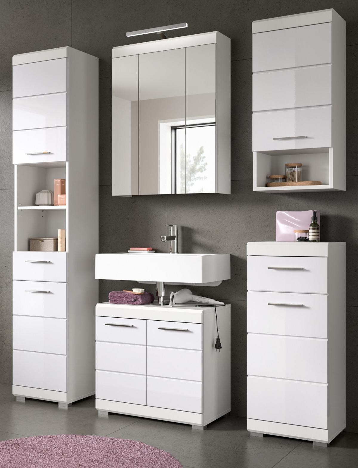 BADMÖBEL-SET weiß Hochglanz 5-teilig 164 cm, Komplettset mit viel Stauraum - Weiß Hochglanz, Glas/Holzwerkstoff (164/191/34cm) - Inn.Furn