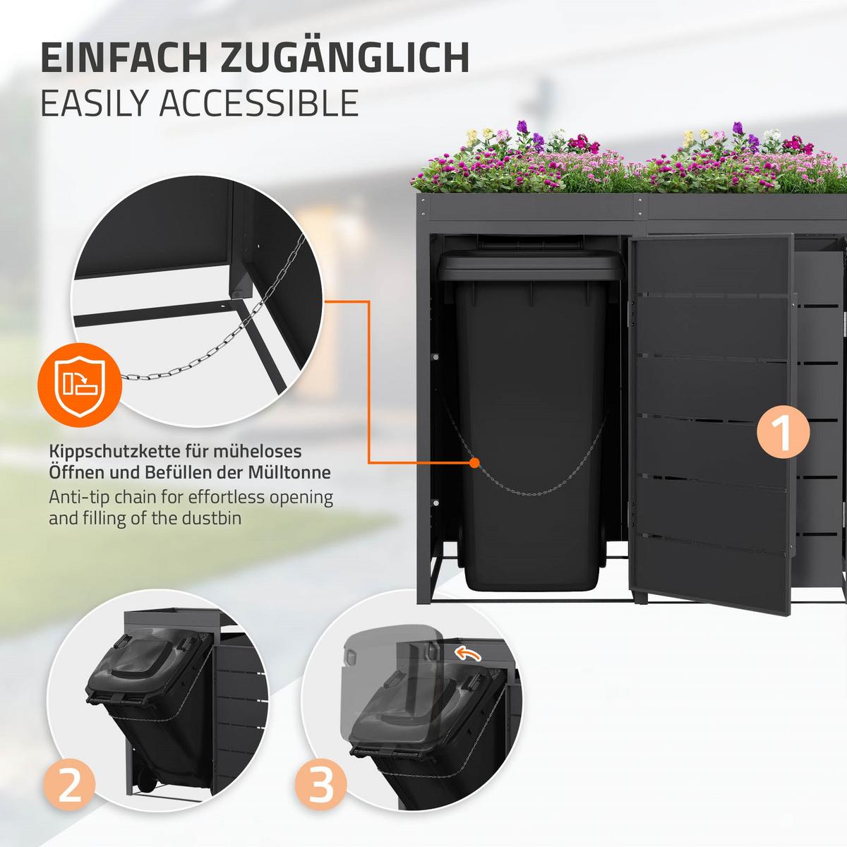 MÜLLTONNENBOX 4er mit Pflanzdach 240L 260x80x124 cm Anthrazit aus Stahl - Anthrazit, Metall (80/124/260cm) - ML-DESIGN