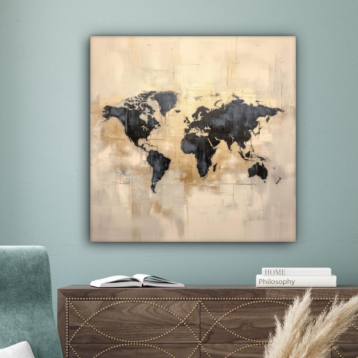 LEINWANDBILD Weltkarte - Gold - Schwarz - Abstrakt Deko Groß 90x90 cm - Kupferfarben, Textil (90/90cm) - MuchoWow