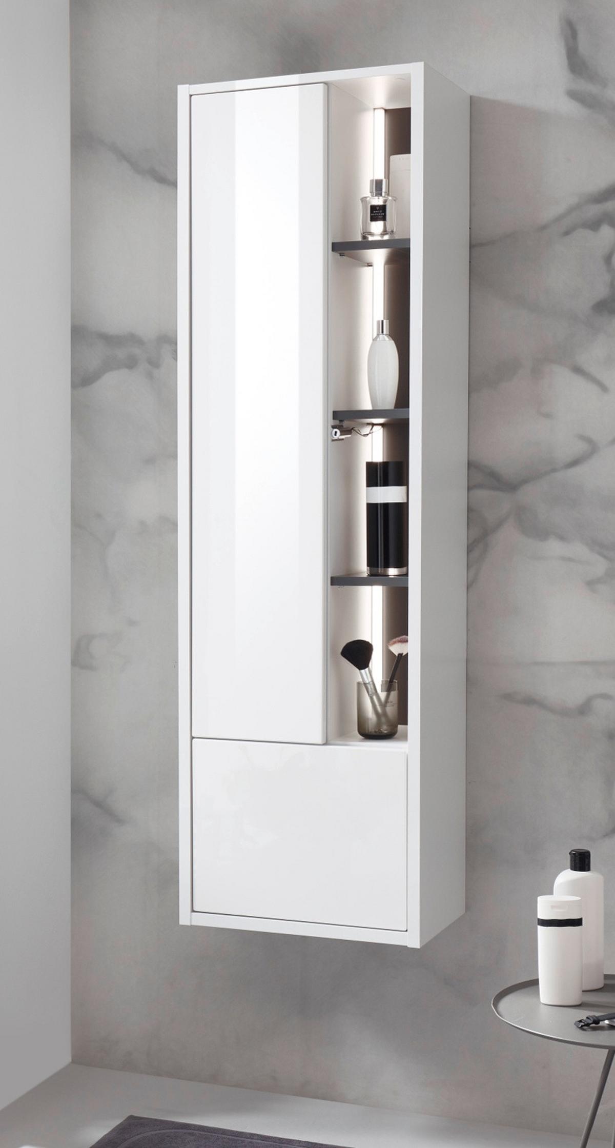 BADSCHRANK weiß Hochglanz, grau, Badezimmer Hochschrank inklusive Beleuchtung - Weiß Hochglanz/Grau, Holzwerkstoff (45/150/30cm) - Furn.Design