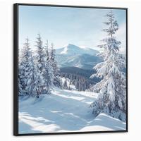 LEINWAND Bilder mit Rahmen - Winterlandschaft - Natur - Berge - Bäume - Schnee - 90x90 - Hellblau, Textil (90/90cm) - MuchoWow