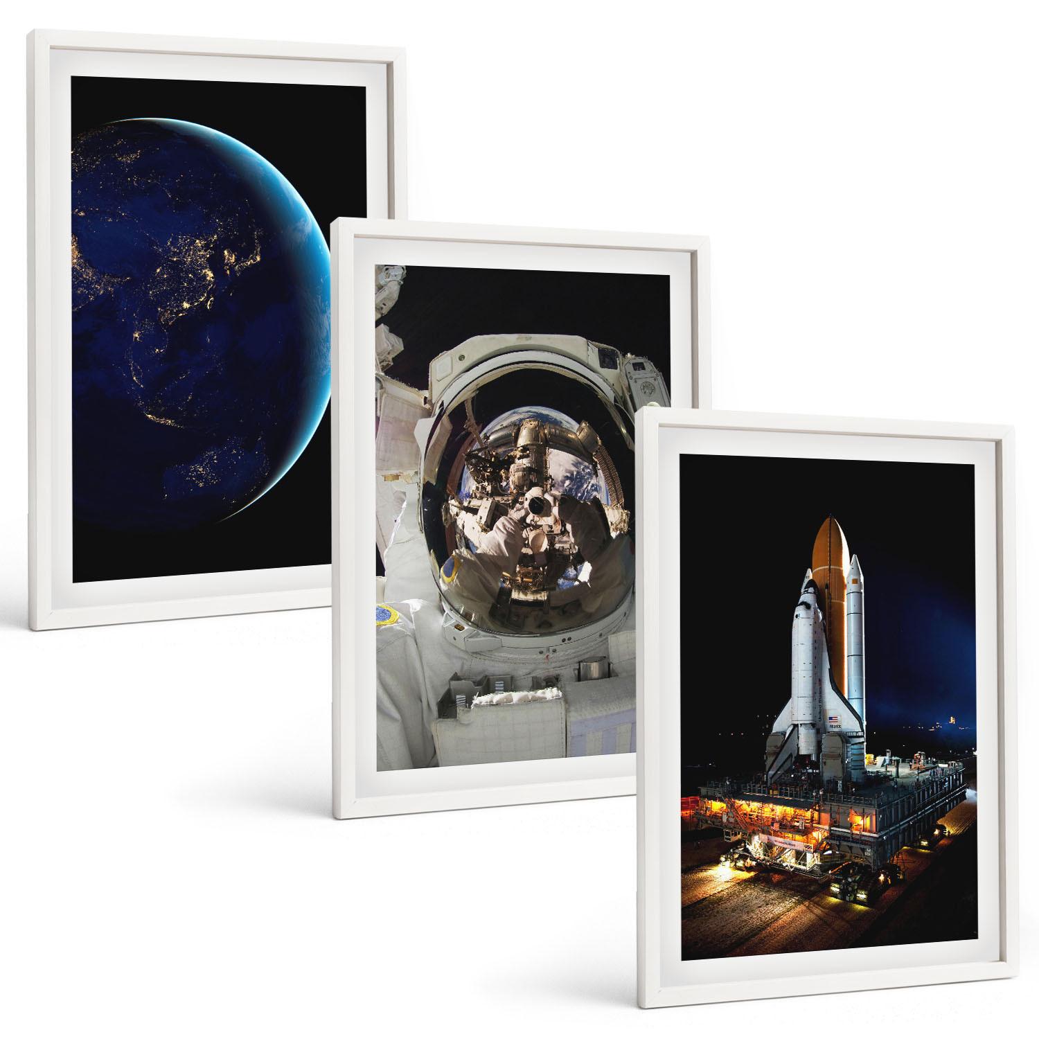 BILDER SET 3er Set - 40x60 cm Weißer Rahmen - Weltraum Erde Astronaut Rakete - Weiß, Kunststoff (40/60cm) - TULUP