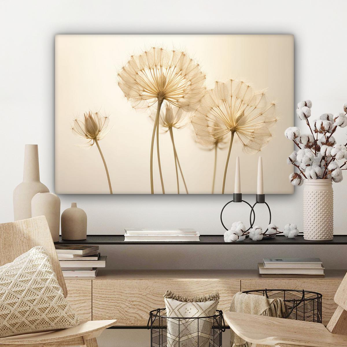 LEINWANDBILD Sonnenlicht - Löwenzahn - Botanisch - Blumen Gemälde 60x40 cm - Creme, Textil (60/40cm) - MuchoWow