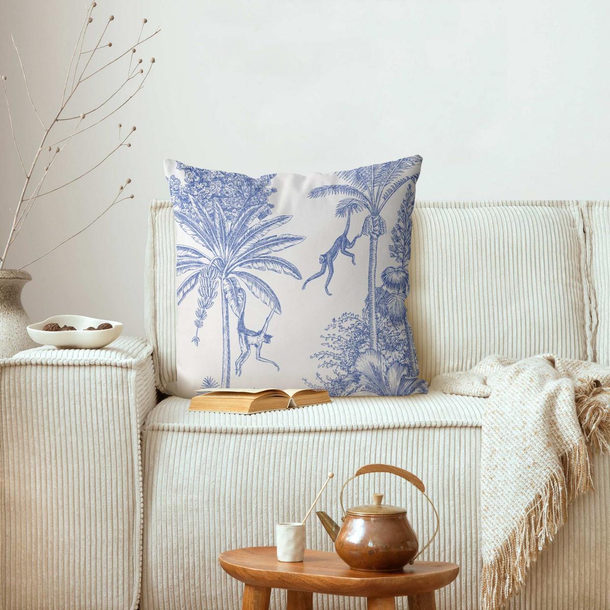 DEKOKISSEN Kupferstichanmutung - Affen in Blau 40/40 cm - Blau, Textil (40/40/10cm) - Bilderwelten