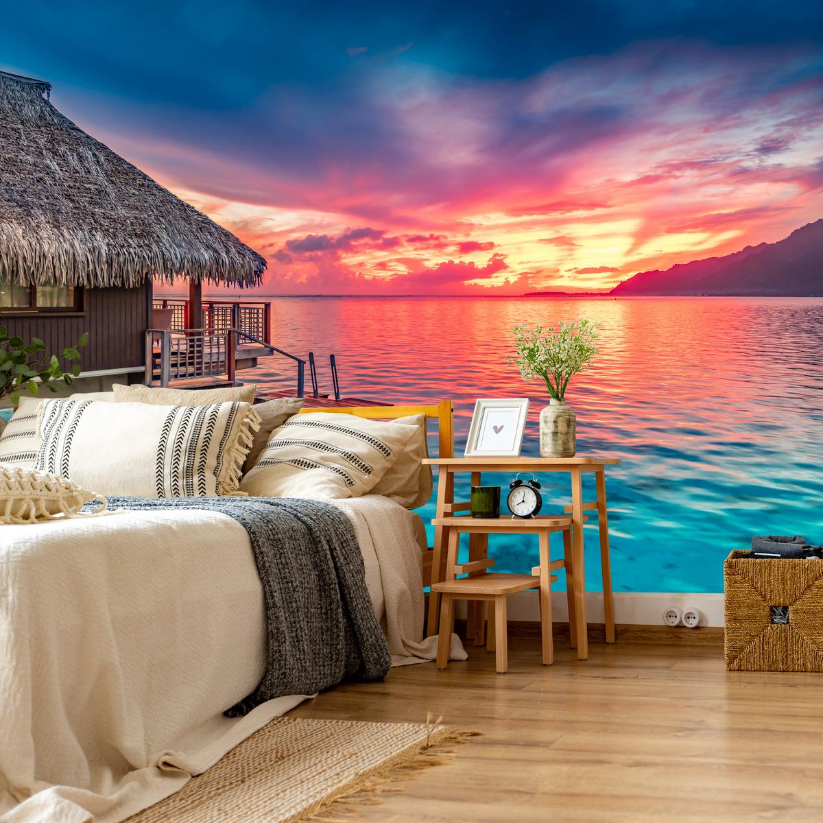 FOTOTAPETE für Wohnzimmer Sonnenuntergang Ozean Holzhütte 350x256 - Türkis/Blau, Papier (350/256cm) - Muralo