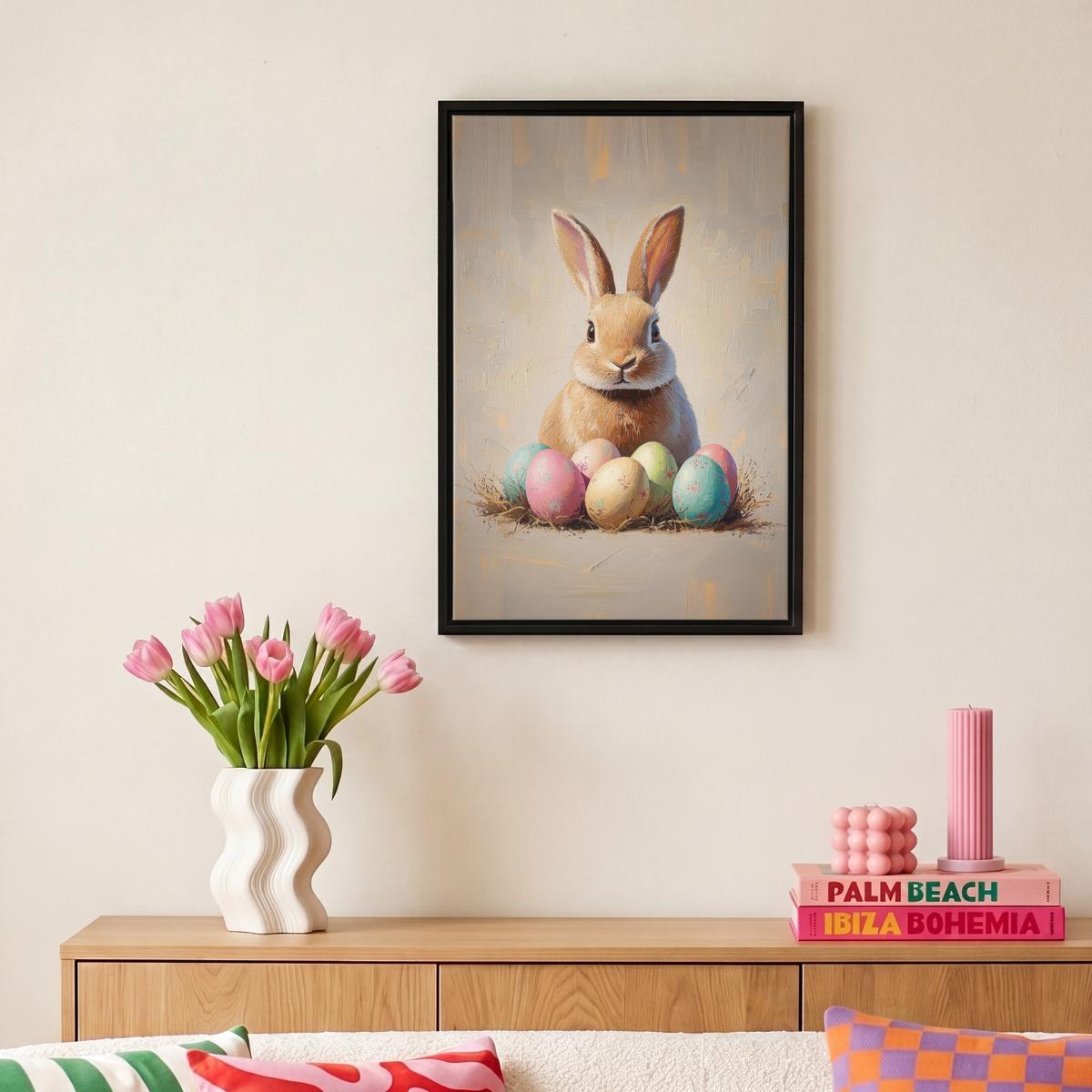 LEINWAND Bilder mit Rahmen - Osterhase - Pastell - Eier - 20x30 - Beige, Textil (20/30cm) - MuchoWow