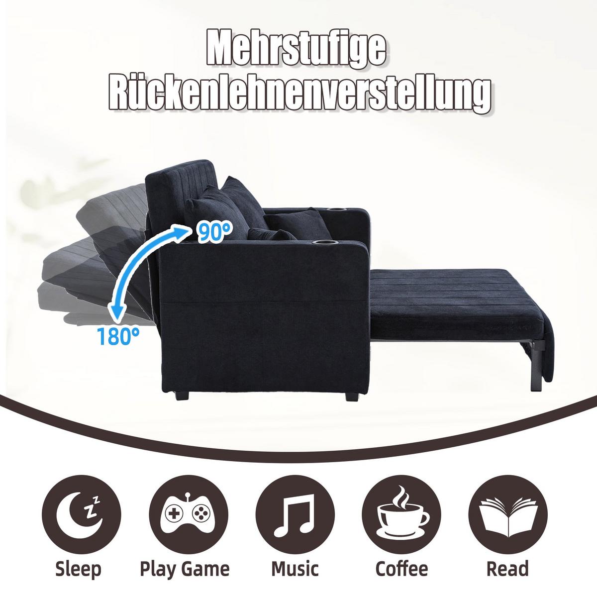 SCHLAFSOFA aus chenille mit bettfunktion, usb-anschluss & becherhaltern - Schwarz, Textil (139/83/73cm) - Urban Meuble
