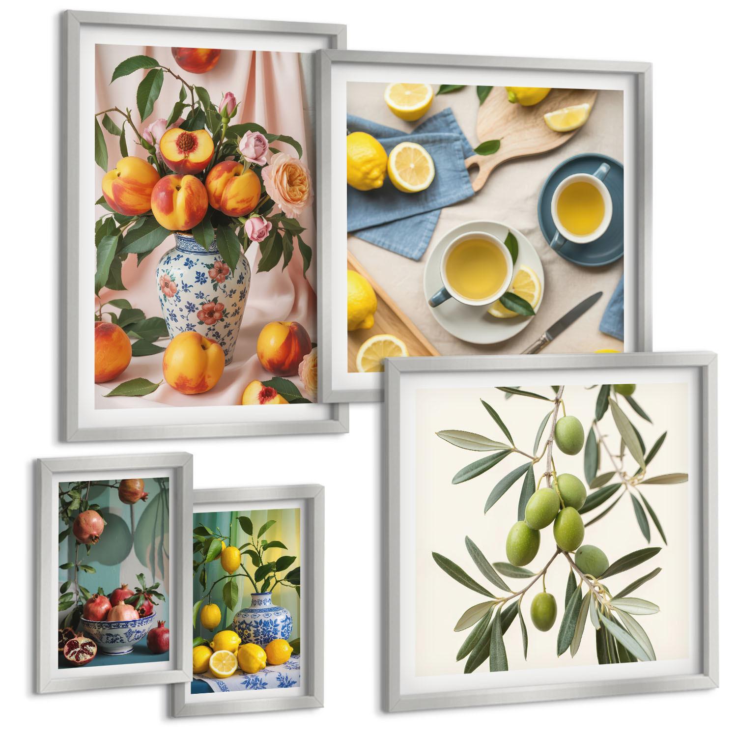 BILDER SET 5er Set - 50x50 cm & 20x30 cm & 40x60 cm Silberner Rahmen - Fruchtzusammensetzungen - Silberfarben, Kunststoff (40/60cm) - TULUP