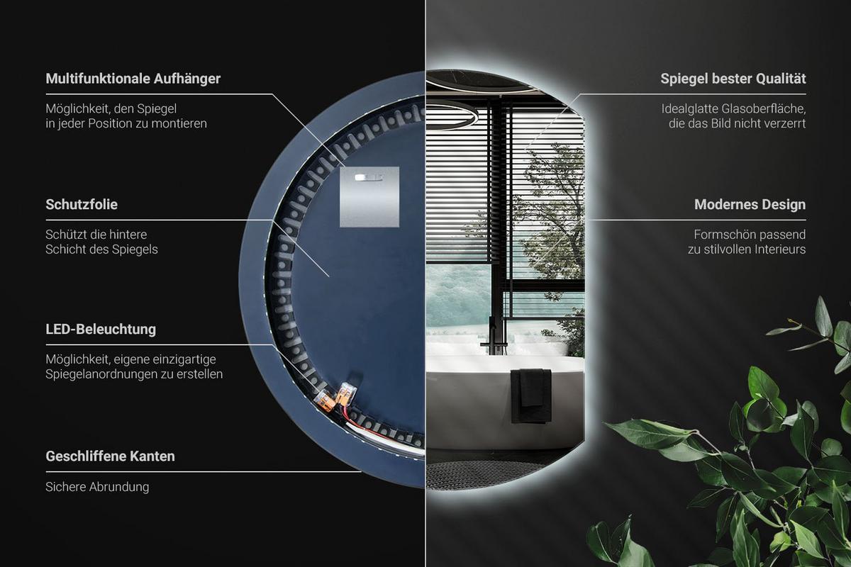 LED SPIEGEL 63 cm x 70 cm Asymmetrische Form Kaltweiß 6000 K - Transparent, Glas (63/70/0.4cm) - Wallfluent