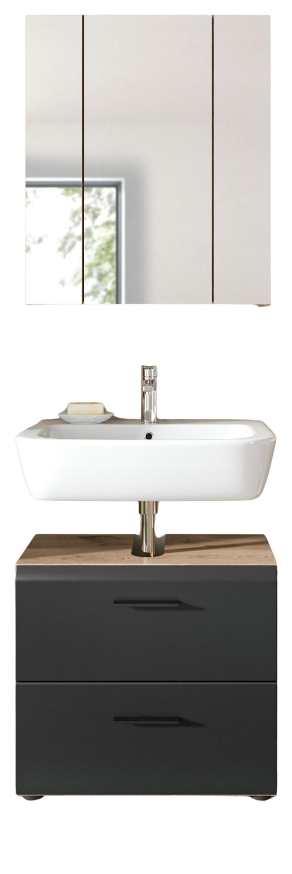 BADMÖBEL-SET 2-teilig Schwarz matt und Eiche, Badkombination mit Spiegelschrank, 60 x 185 cm - Klar/Eichefarben, Glas/Holzwerkstoff (60/185/30cm) - Inn.Furn