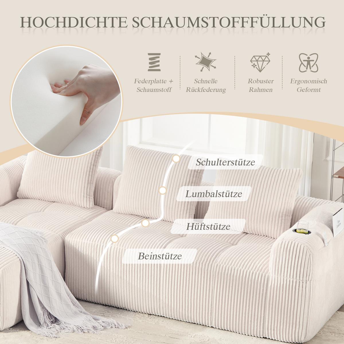 ECKSOFA 3-Sitzer mit Getränkehalter, Seitentaschen & 3 Kissen - Beige, Textil (253/158cm) - Urban Meuble
