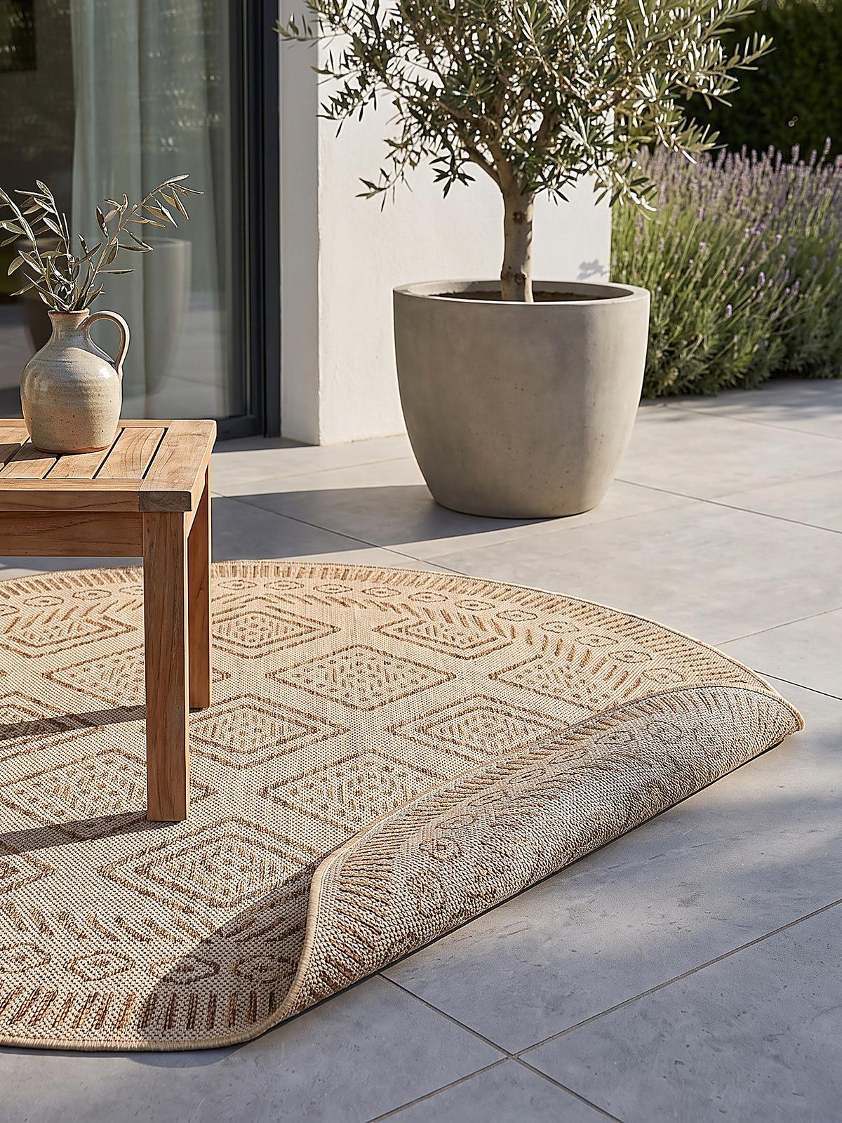 TEPPICH Flachgewebe, Outdoor, Fußbodenheizung-geeignet, mit Rautenmuster, VIGOLENO in Beige-Braun, Ø 160 cm - Beige, Textil (160/160cm) - KADIMA DESIGN