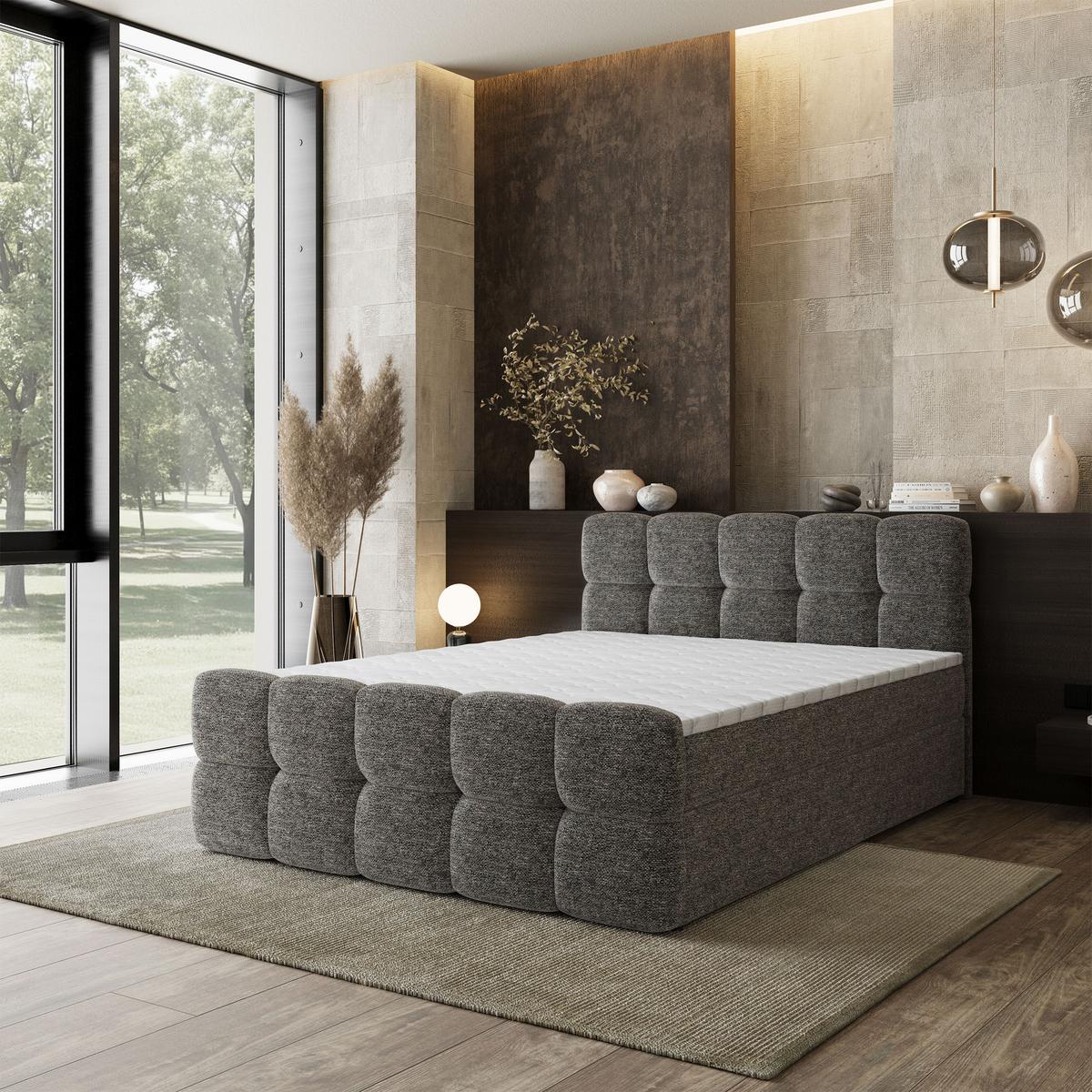 BOXBETT BRUME 180x200 cm mit Matratze und Topper, H2+H3 - Grau - Grau, Holz (180/200cm) - MASSENO