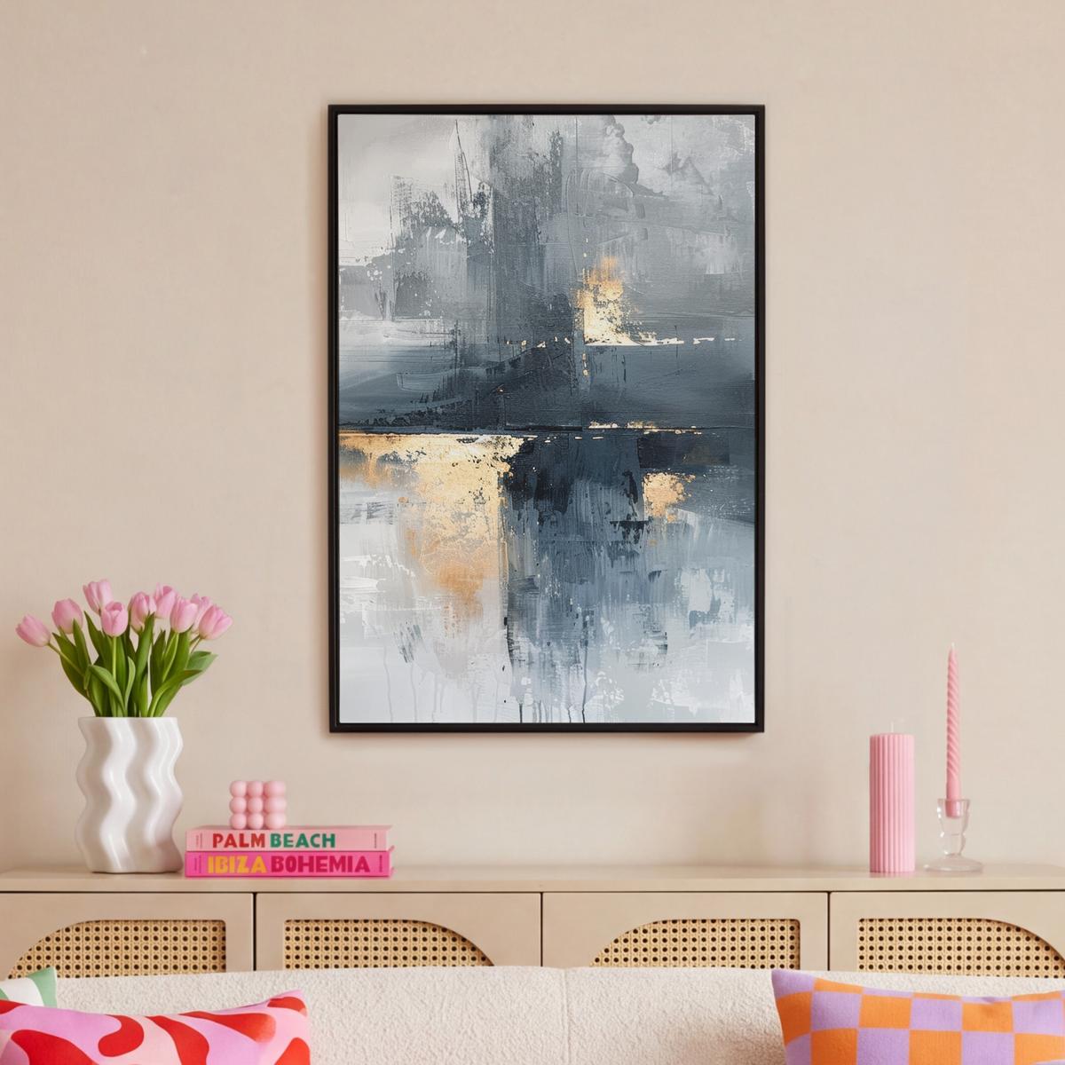 LEINWAND Bilder mit Rahmen - Kunst - Grau - Gold - Abstrakt - 60x90 - Dunkelgrau, Textil (60/90cm) - MuchoWow