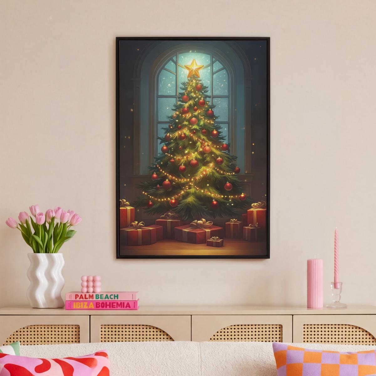 LEINWAND Bilder mit Rahmen - Weihnachtsbaum - Geschenk - Winter - 60x90 - Grün, Textil (60/90cm) - MuchoWow