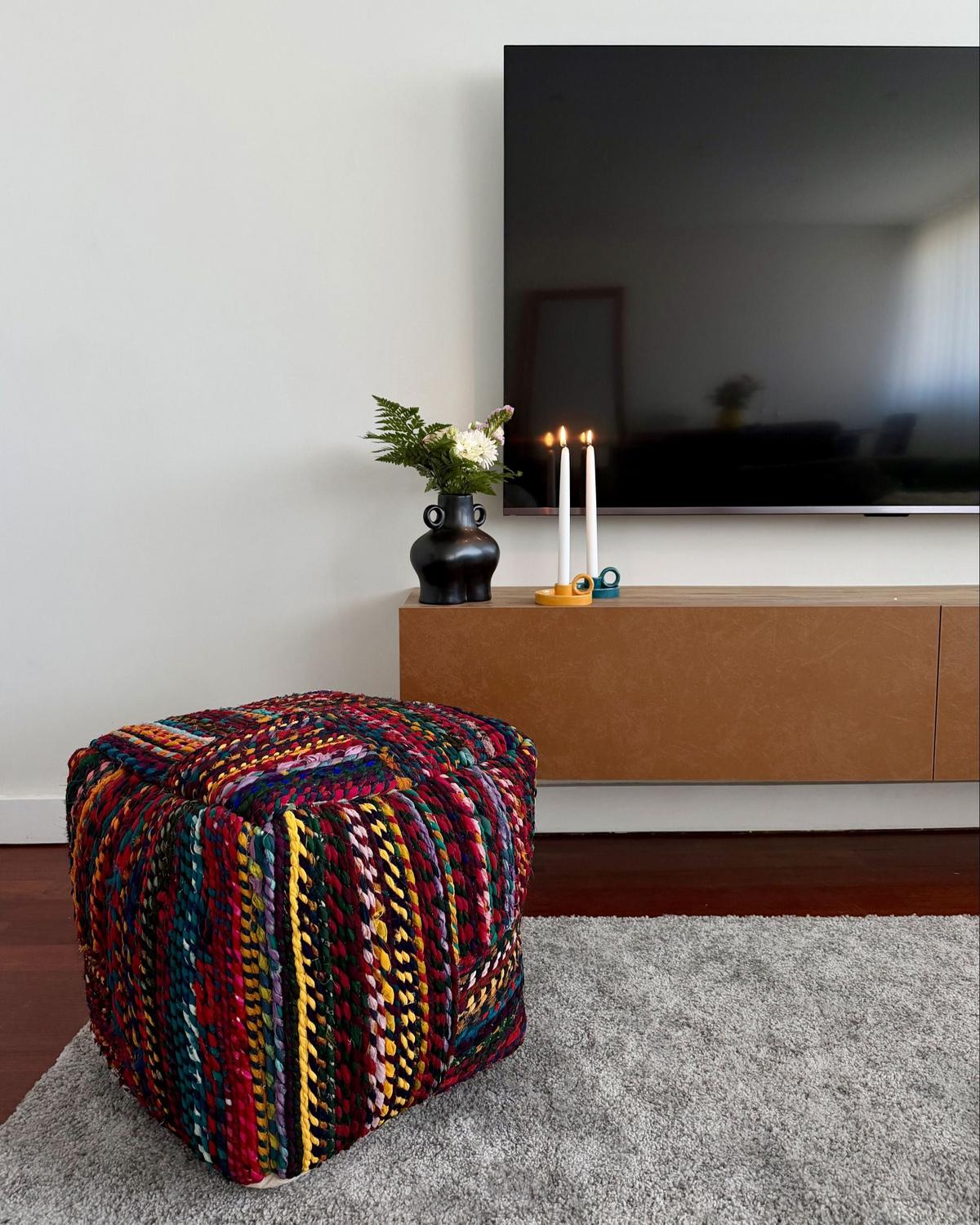 POUF Bunt Mekhtar - Blau/Rot, Naturmaterialen (40/40/40cm) - Beliani