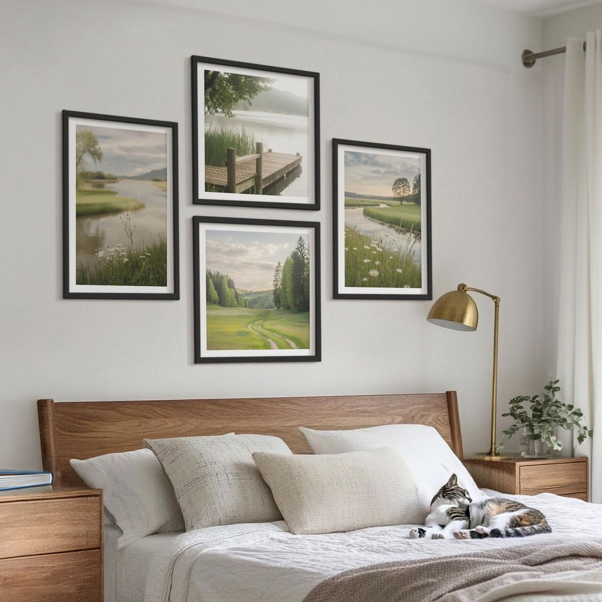 BILDER SET 4er Set - 50x50 cm & 40x60 cm Schwarzer Rahmen - Sommerlandschaften Flusswiese - Schwarz, Kunststoff (50/50cm) - TULUP