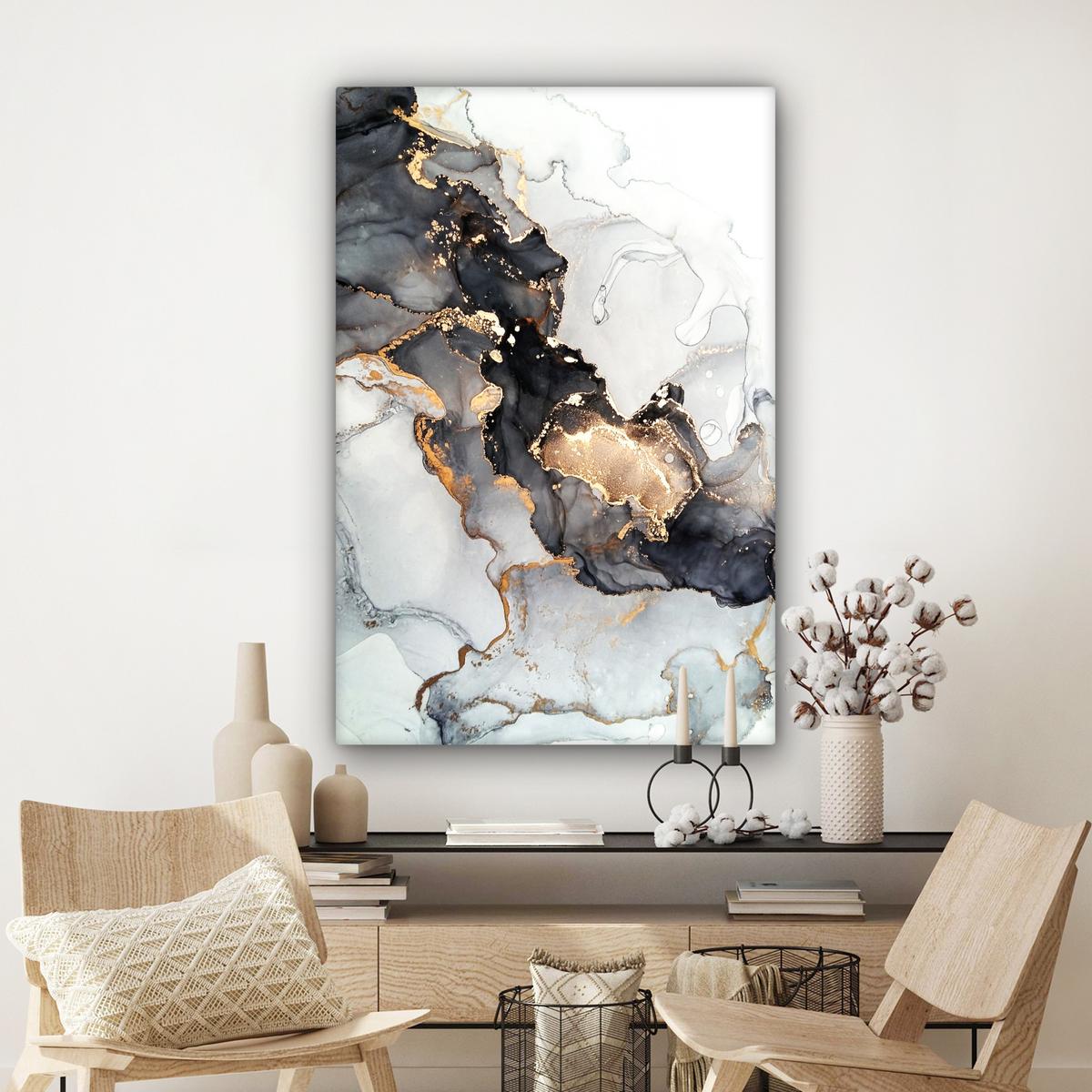 LEINWANDBILD Marmor - Schwarz - Weiß - Gold - Luxus - Abstrakt Deko XXL 80x120 cm - Goldfarben, Textil (80/120cm) - MuchoWow