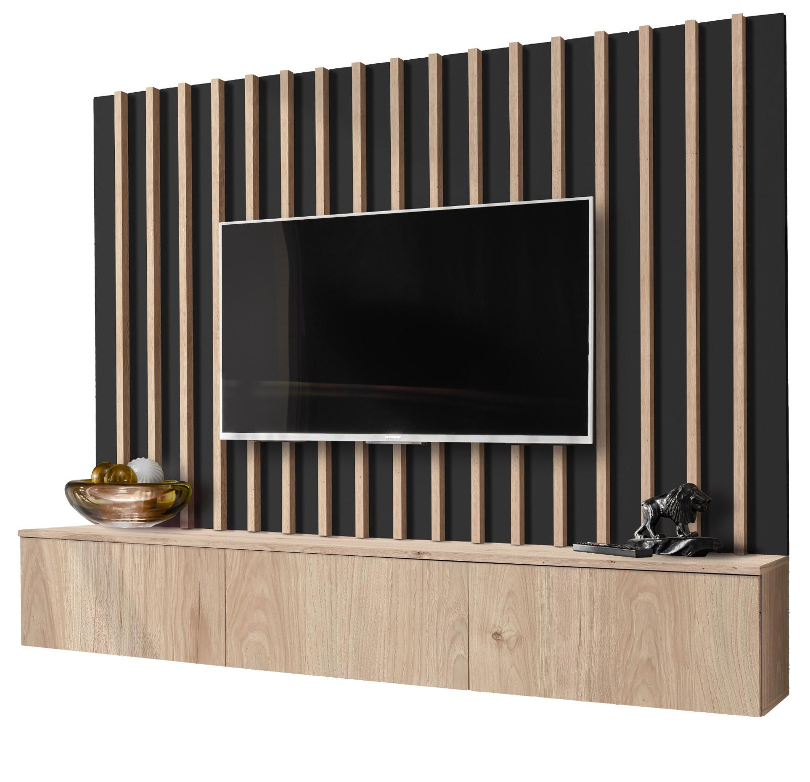 WOHNWAND Eiche Jackson, schwarz 180 cm, Schrankwand mit Push-top-Open - Eichefarben/Schwarz, Holzwerkstoff (180/180/35cm) - Furn.Design