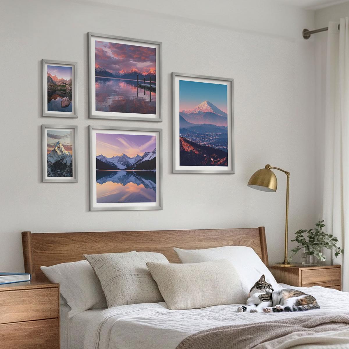 BILDER SET 5er Set - 50x50 cm & 20x30 cm & 40x60 cm Silberner Rahmen - Nachtstadt mit Neonlichtern - Silberfarben, Kunststoff (40/60cm) - TULUP