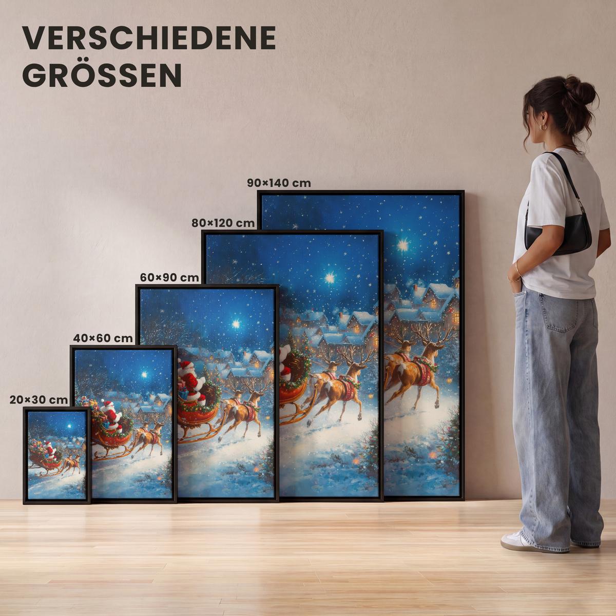 LEINWAND Bilder mit Rahmen - Weihnachtsmann - Rentier - Weihnachten - Schnee - 20x30 - Cognac, Textil (20/30cm) - MuchoWow
