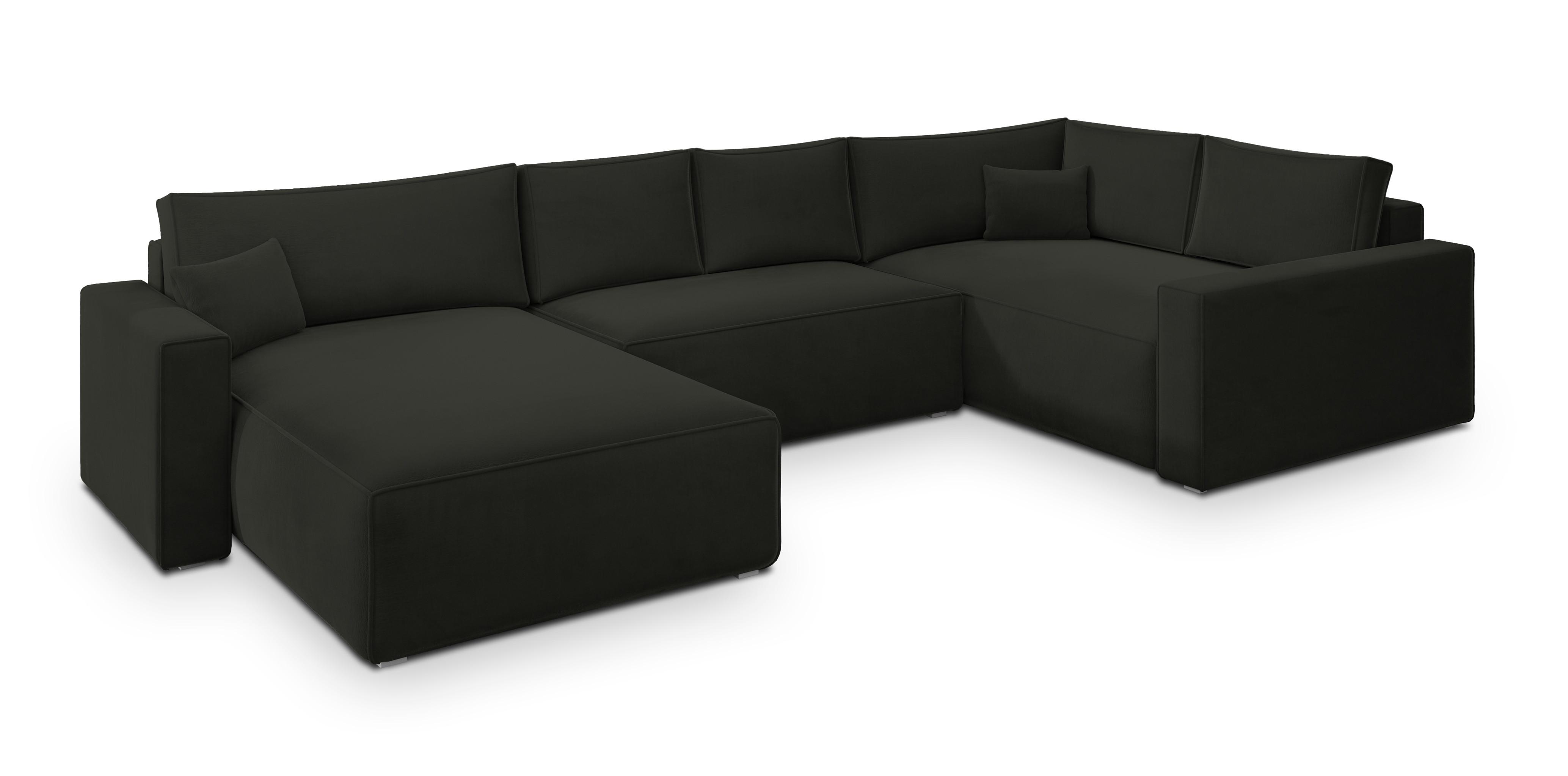 WOHNLANDSCHAFT VELAMI R-S Schwarz Velours-Stoff mit Schlaffunktion - Schwarz, Holz (365/83/194cm) - MASSENO