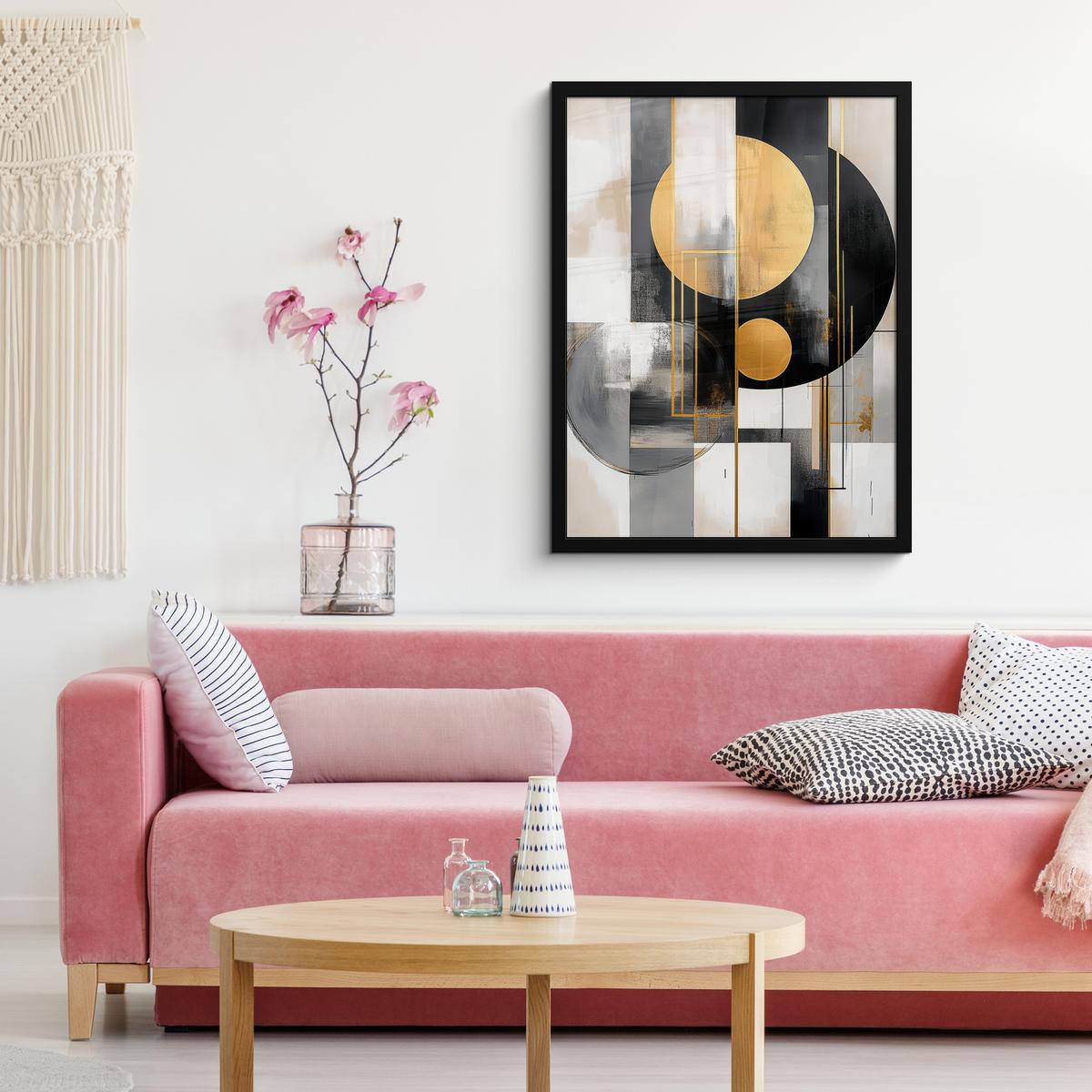 POSTER MIT RAHMENGERAHMTES BILD Abstrakt - Gold - Silber - Formen - Ästhetisch - Modern Posterleiste 60x80 cm - Goldfarben, Papier (60/80cm) - MuchoWow