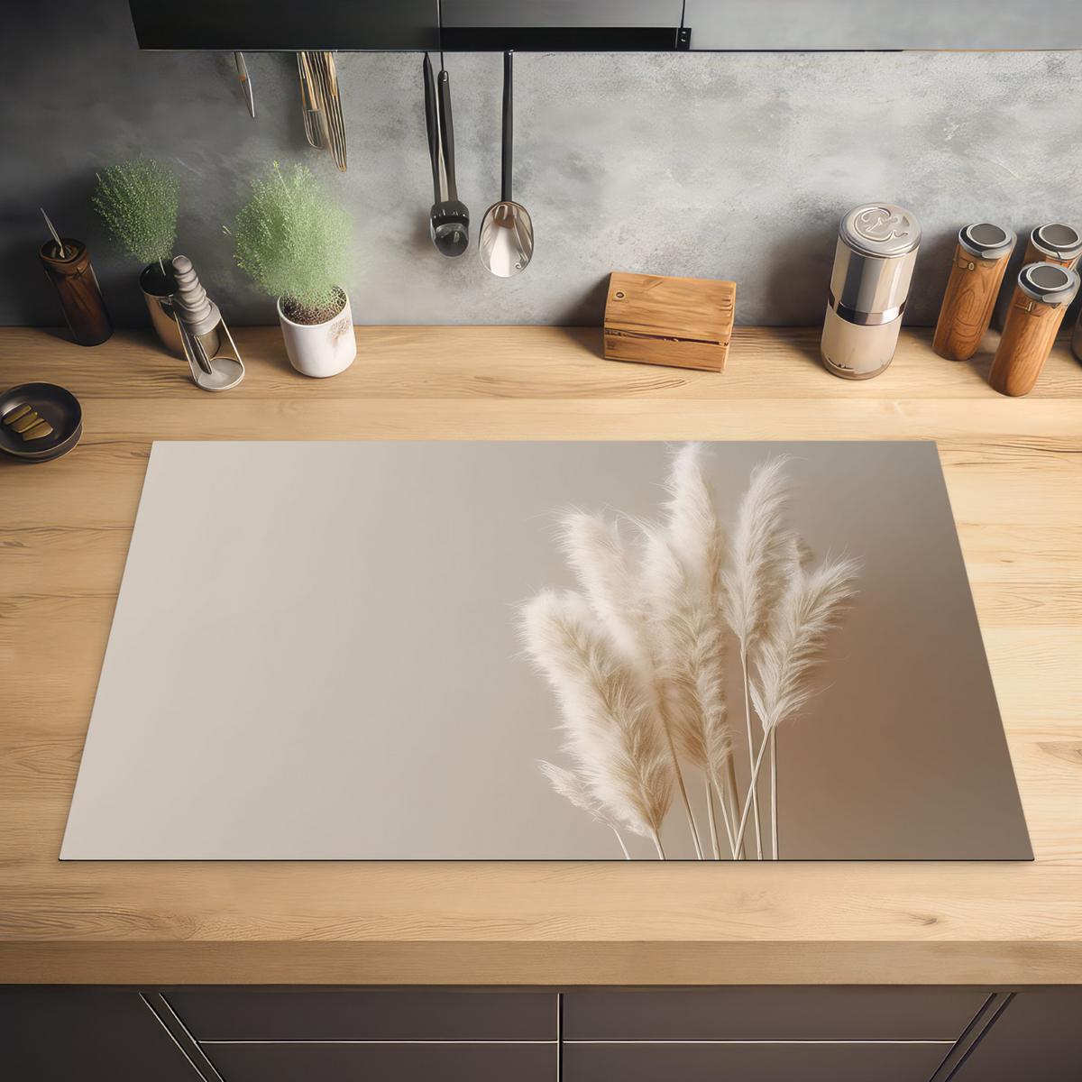 HERDABDECKPLATTE Pampasgras - Federn - Pastell - Weiß Ceranfeldabdeckung 85x52 cm - Creme, Kunststoff (85/52/0.2cm) - MuchoWow
