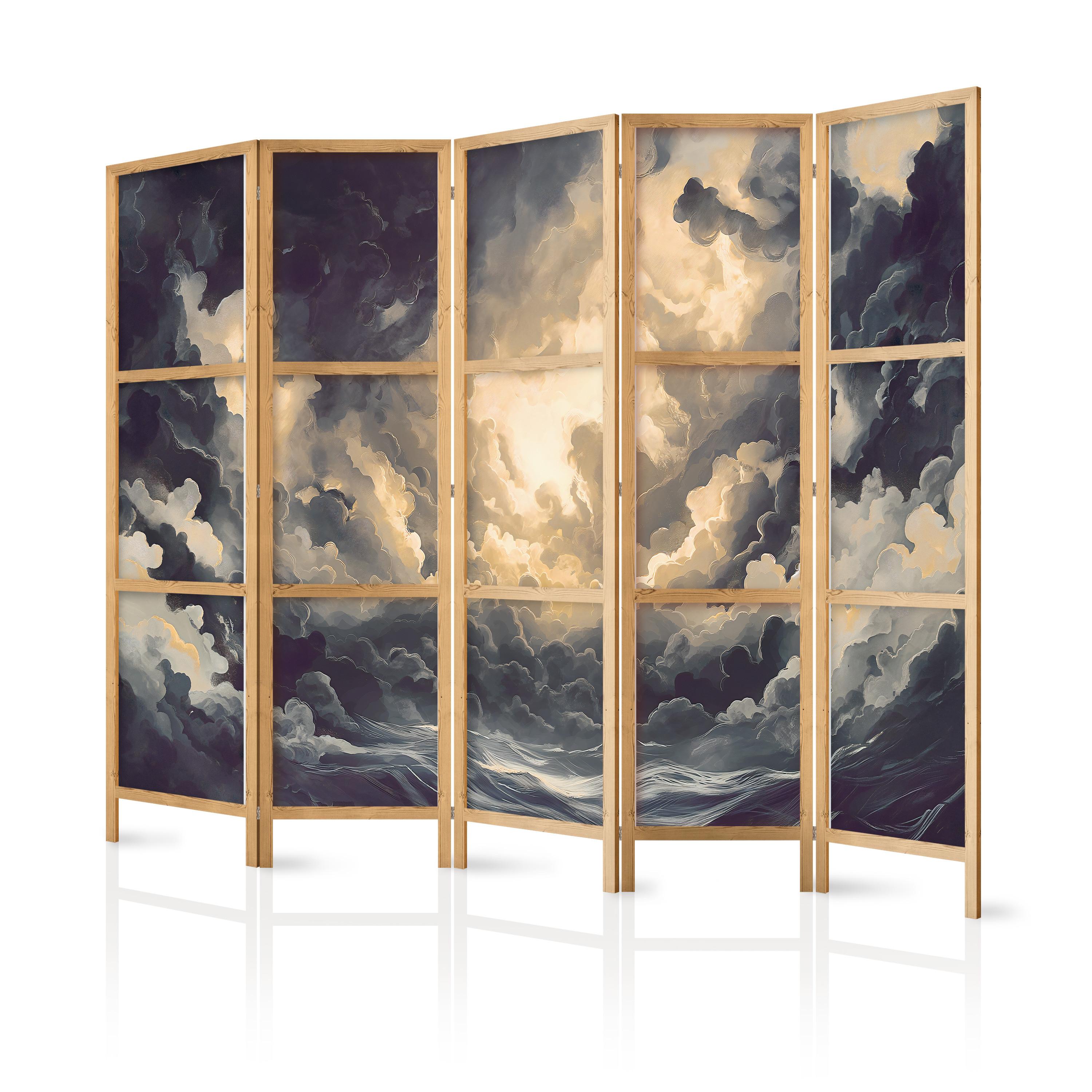 PARAVENT Japanischer 5-tlg 225x172 cm Malerische Wolken - Schwarz, Holz/Textil (225/172/3cm) - Muralo