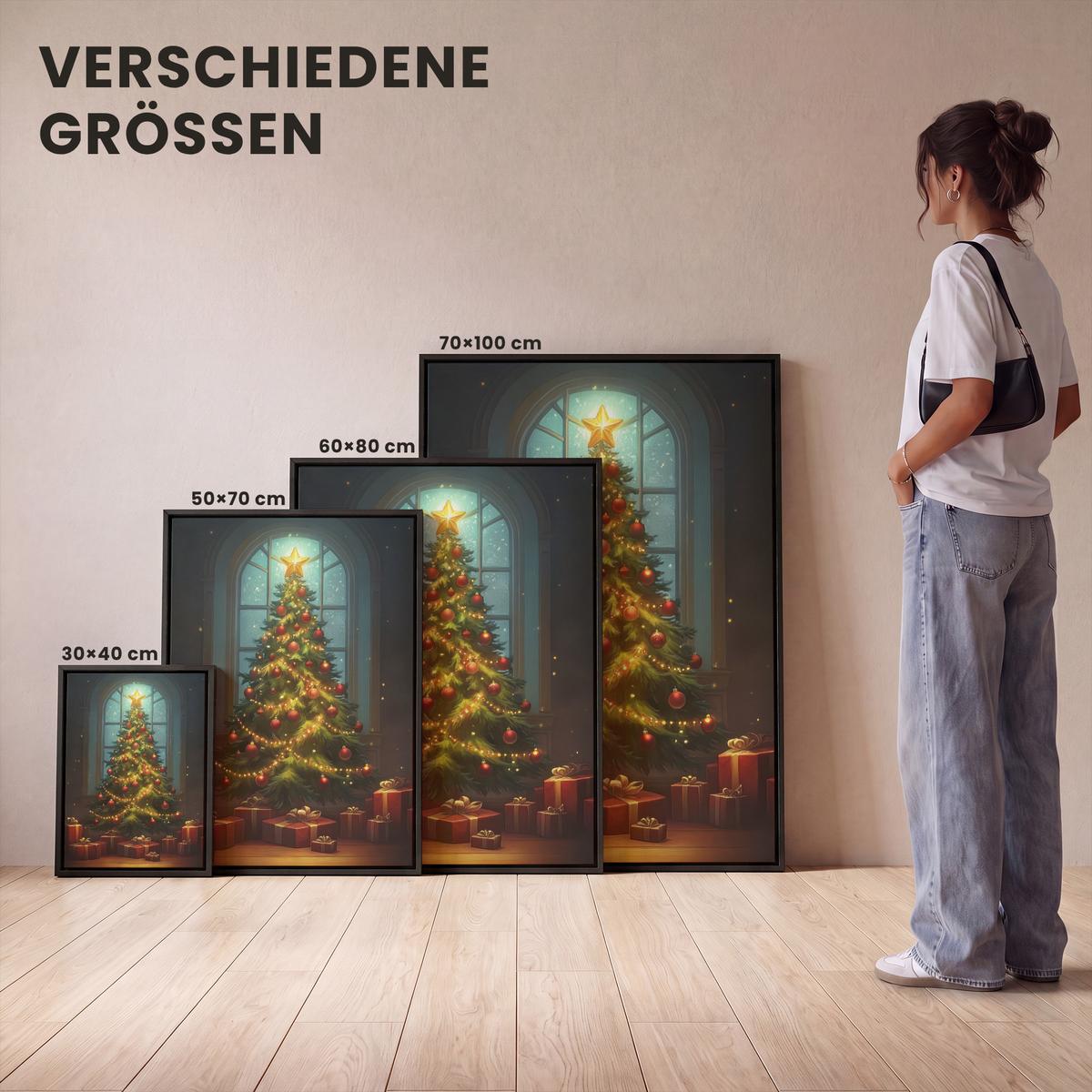 LEINWAND Bilder mit Rahmen - Weihnachtsbaum - Geschenk - Winter - 30x40 - Grün, Textil (30/40cm) - MuchoWow