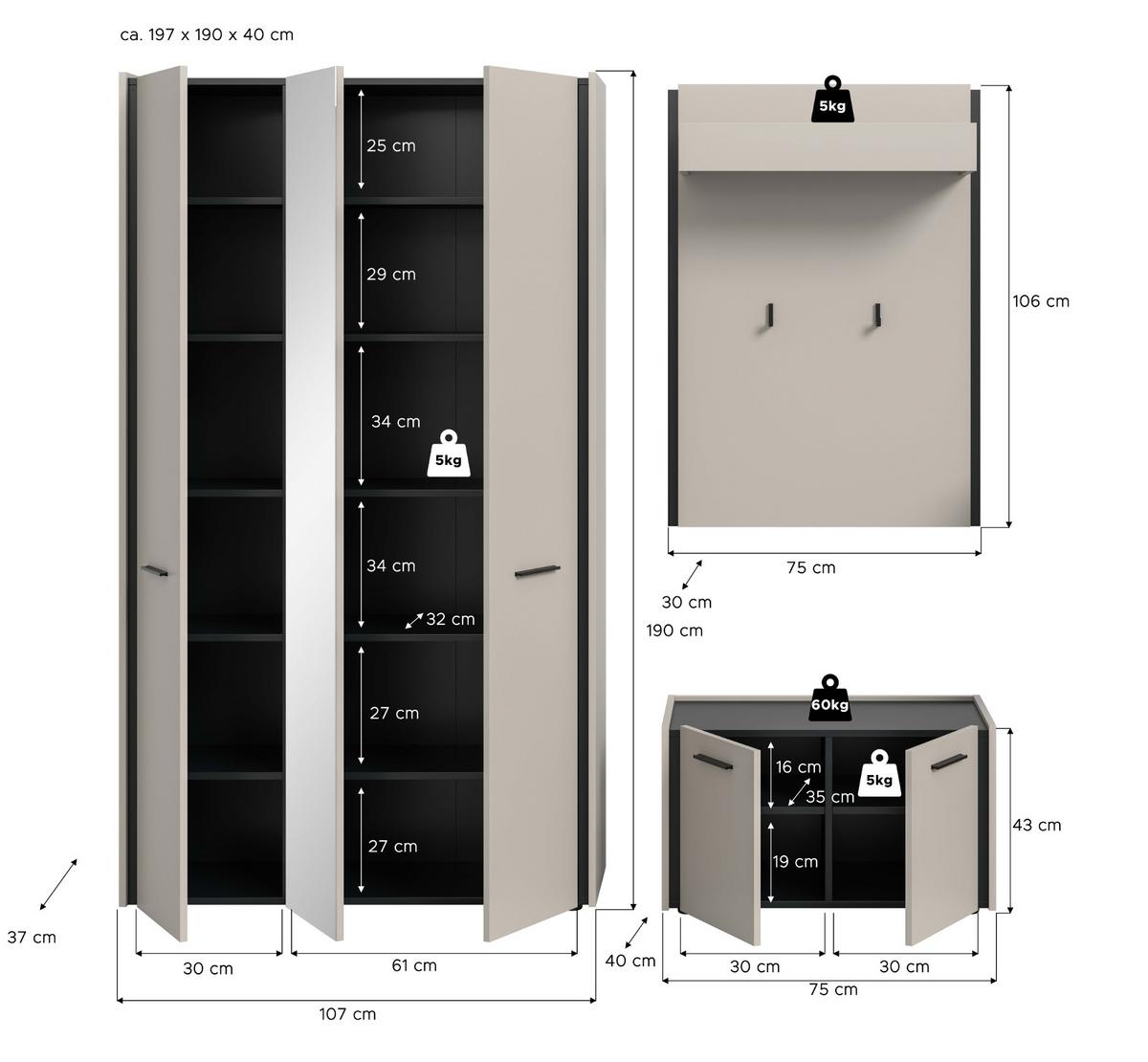GARDEROBEN-SET 3-teilig Kaschmir 197 x 190 cm, Garderobenkombination mit Soft-Close - Kaschmir/Schwarz, Holzwerkstoff/Kunststoff (197/190/40cm) - Inn.Furn