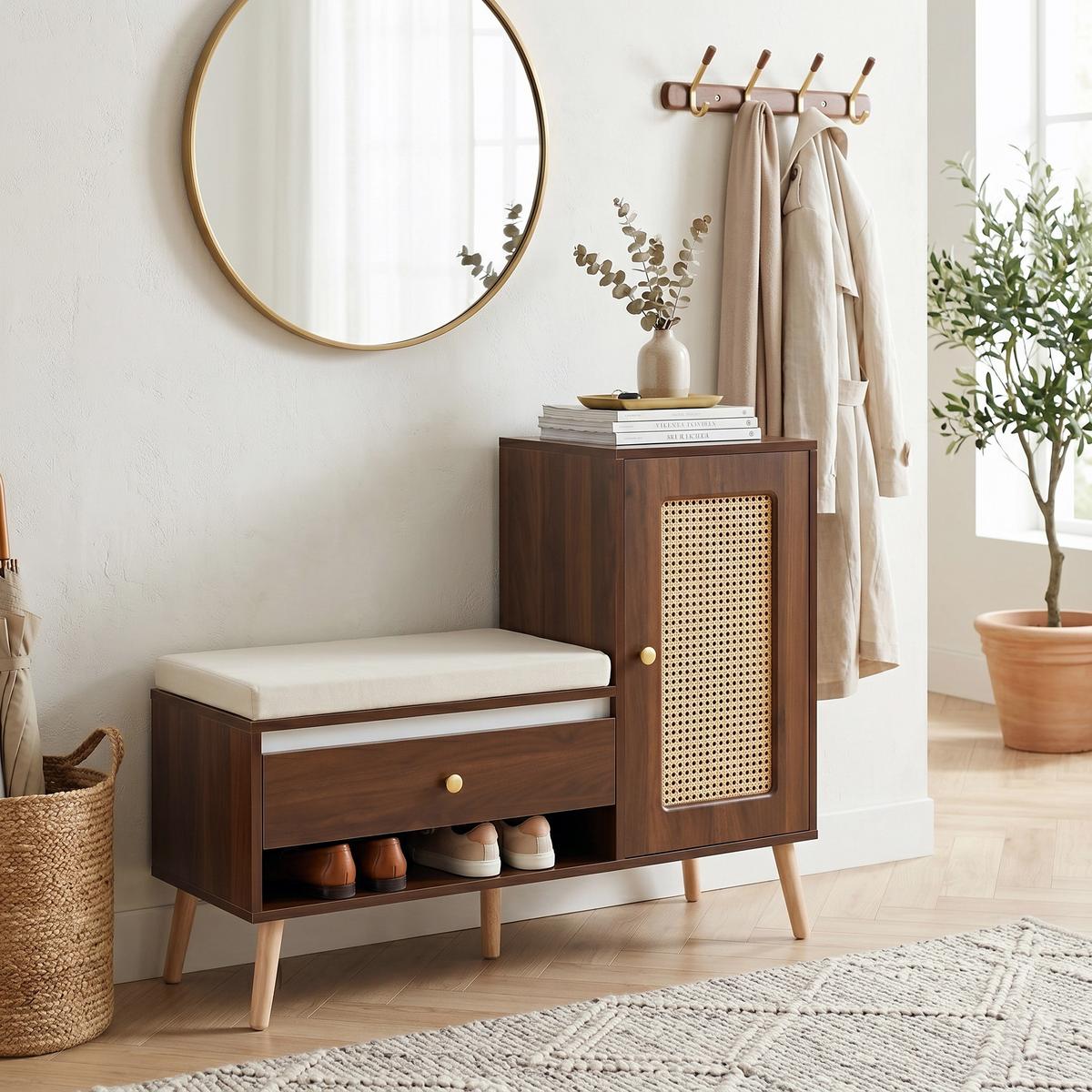 SCHUHSCHRANK in Holz-Optik – Schuhschrank mit Rattan-Tür & Sitzkissen - Walnussfarben, Holzwerkstoff (95.5/80.5/35cm) - Urban Meuble