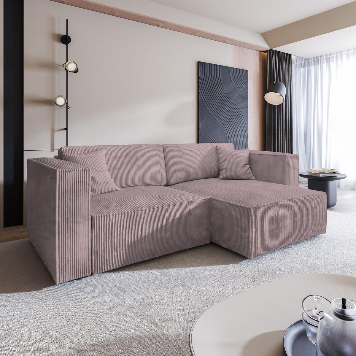ECKSOFA NERIO P Lila Kordstoff mit Schlaffunktion - Lila/Grau, Holz/Kunststoff (245/148cm) - MASSENO
