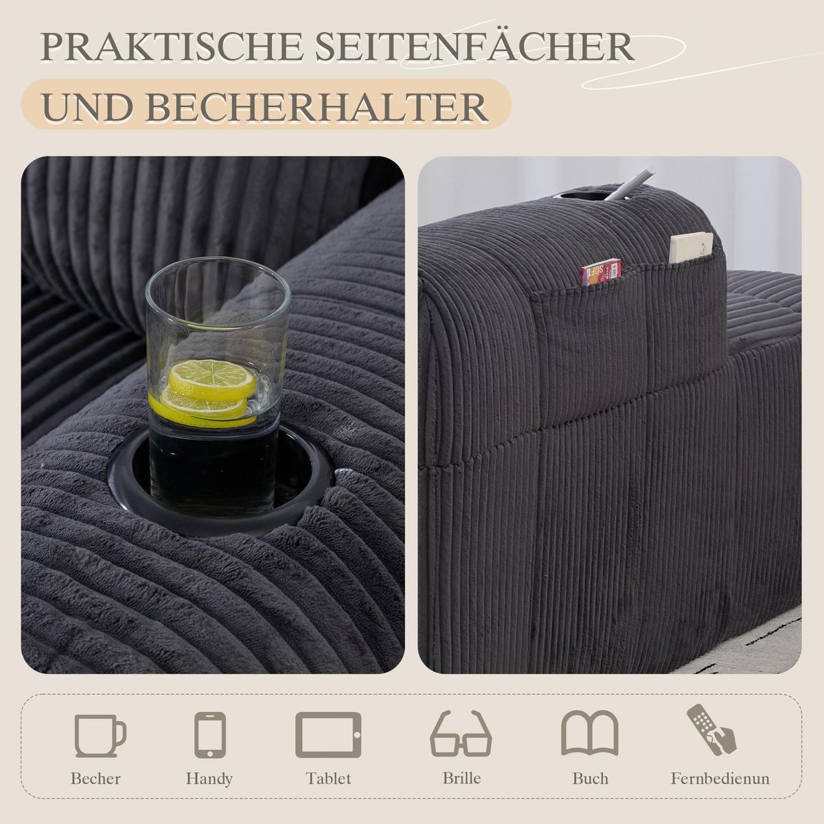 CHAISELONGUE in Cord (158 cm) mit Getränkehalter & Seitentaschen - Dunkelgrau, Textil (158/61/93cm) - Urban Meuble
